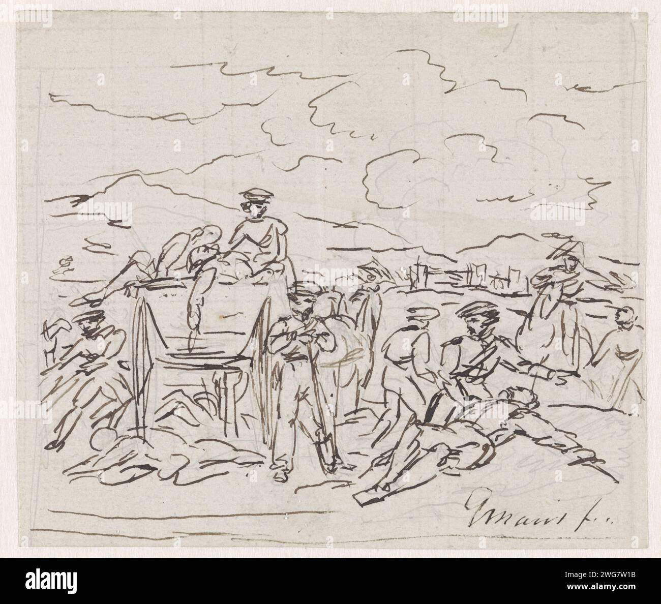 La voiture ambulance recueille des morts et des blessés sur le champ de bataille, Gerardus Emaus de Micault, 1799 - 1863 papier à dessin. encre. stylo à crayon transportant les malades, blessés et morts hors du champ de bataille. après la bataille Banque D'Images