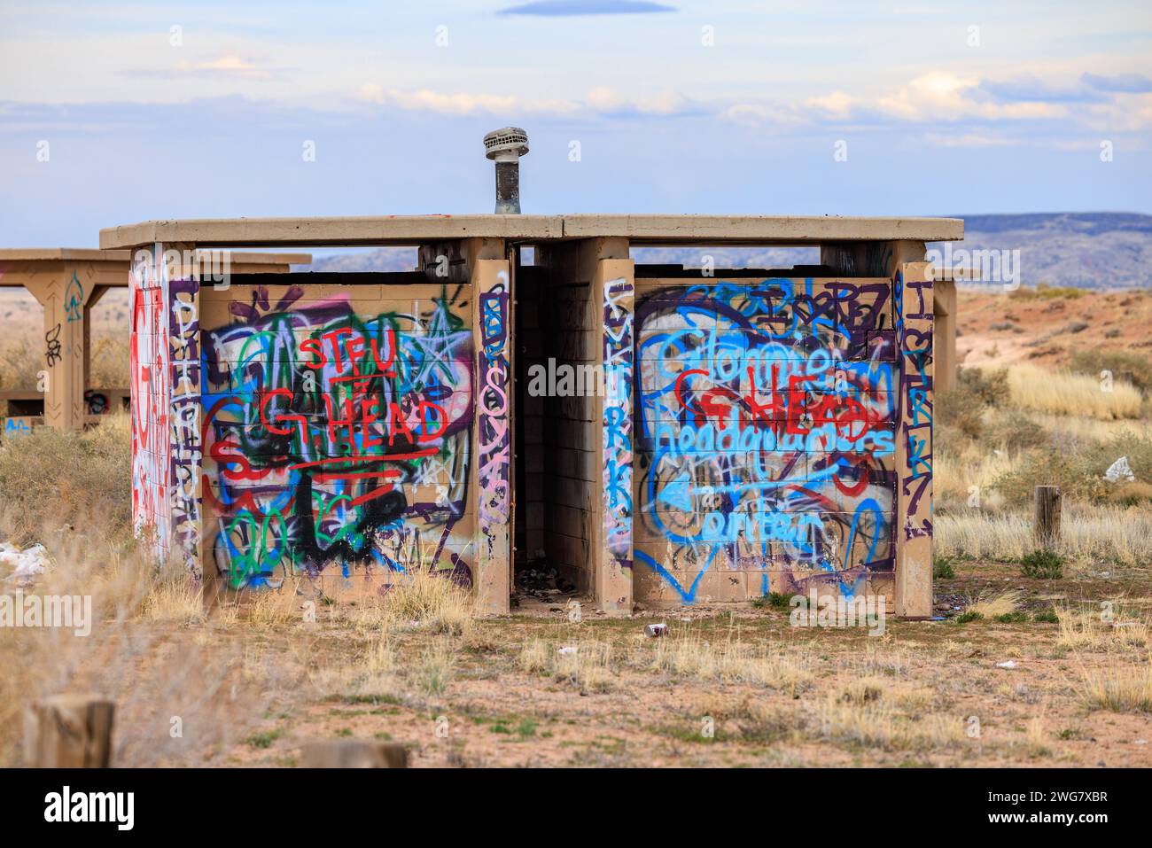 Toilettes abandonnées peint avec des graffitis à Little Painted Desert County Park près de Winslow, Arizona Banque D'Images