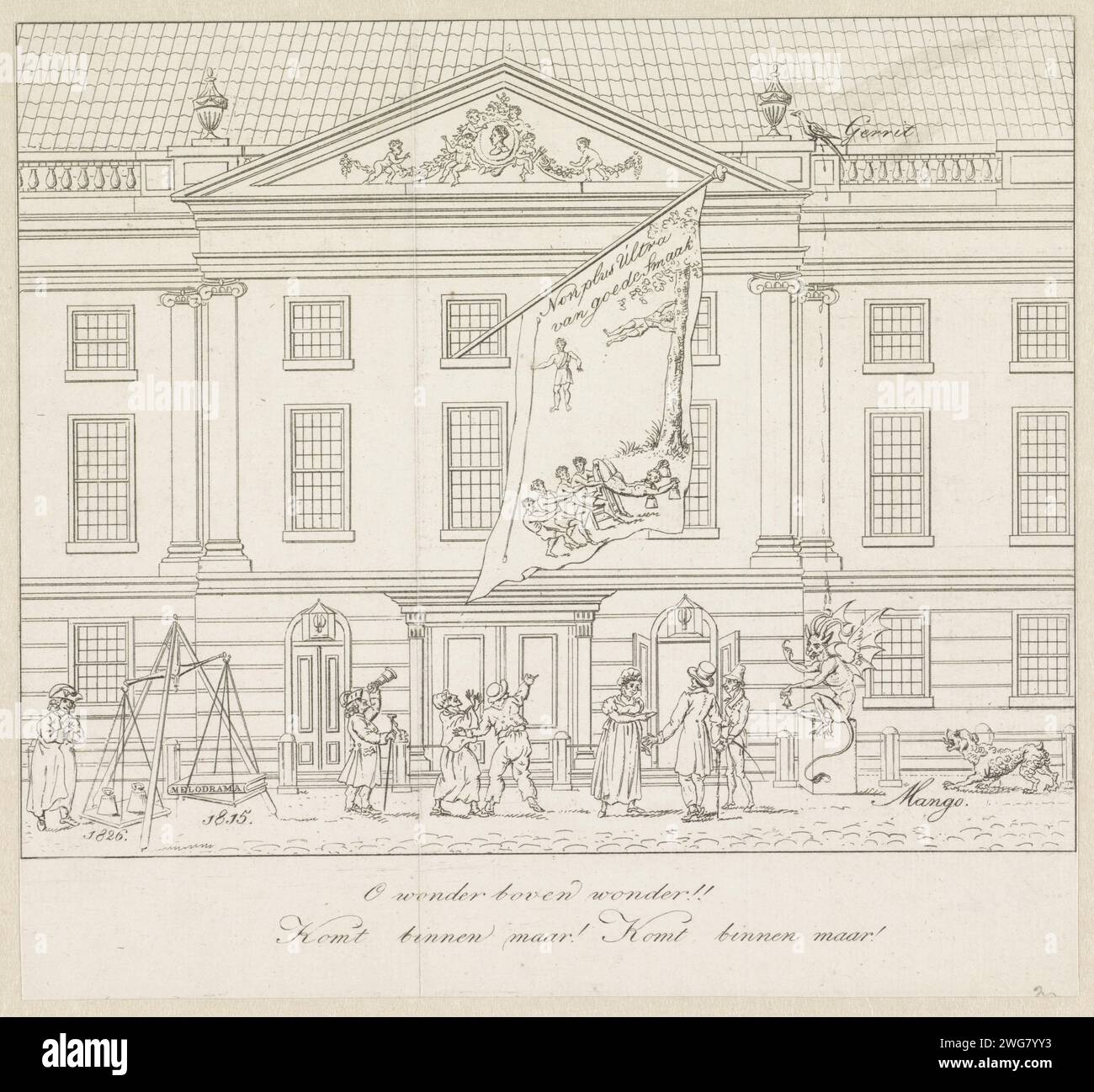 Dessin animé sur le goût des wan dans les représentations au Stadsschouwburg, 1826, Anonyme, 1826 imprimer dessin animé sur le goût des wan dans les représentations avec des acrobates, des haltérophiles et des animaux de cirque au Stadsschouwburg à Amsterdam, 1826. Il y a un certain nombre de personnages devant la façade du théâtre. À gauche, sur une échelle '1826' pèse contre 'mélodrame' de 1815. Un homme avec des jumelles et deux paresseux regardent la grande bannière accrochée à la façade. Sur cela, les lutteurs montrent leurs compétences, avec l'inscription 'non plus ultra de bon goût'. Devant une porte ouverte, une femme parle à un homme, là moi Banque D'Images