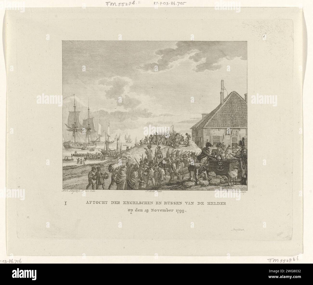 Député des Britanniques et des Russes de Den Helder, 1799, Reinier Vinkeles (I), d'après Dirk Langendijk, 1800 - 1802 imprimer les soldats de la force d'invasion russo-britannique quittent Den Helder le 29 novembre 1799. Au premier plan, une grande boîte avec le monogramme couronné GR est emballée. En arrière-plan, les hommes partent en sloops vers les navires prêts. Marqué en bas à gauche avec la lettre I. Imprimeur : pays-Bas Figter dessin par : Den Helderéditeur : Haarlem papier gravure / gravure transport, train (militaire) (+ voiliers) den Helder Banque D'Images