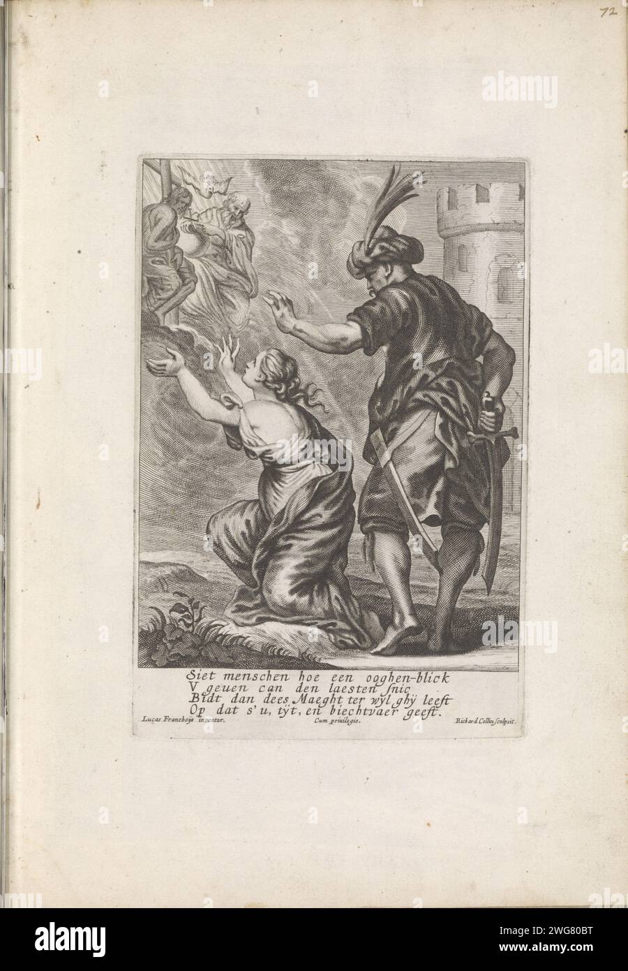 Femme s'habitue à la Sainte Trinité, 1637 - 1697 imprimer Une femme qui est sur le point d'être massacrée par un homme de l'est prie à la Sainte Trinité dans le ciel. Sous le spectacle, un verset de quatre lignes en néerlandais. L'impression fait partie d'un album. Anvers gravure sur papier la Sainte Trinité, 'Trinitas coelestiss' ; Père, fils et Saint-Esprit  religion chrétienne. Trinité dans laquelle Dieu le Père et Christ sont représentés en tant que personnes, le Saint-Esprit en tant que colombe. une personne priant Banque D'Images