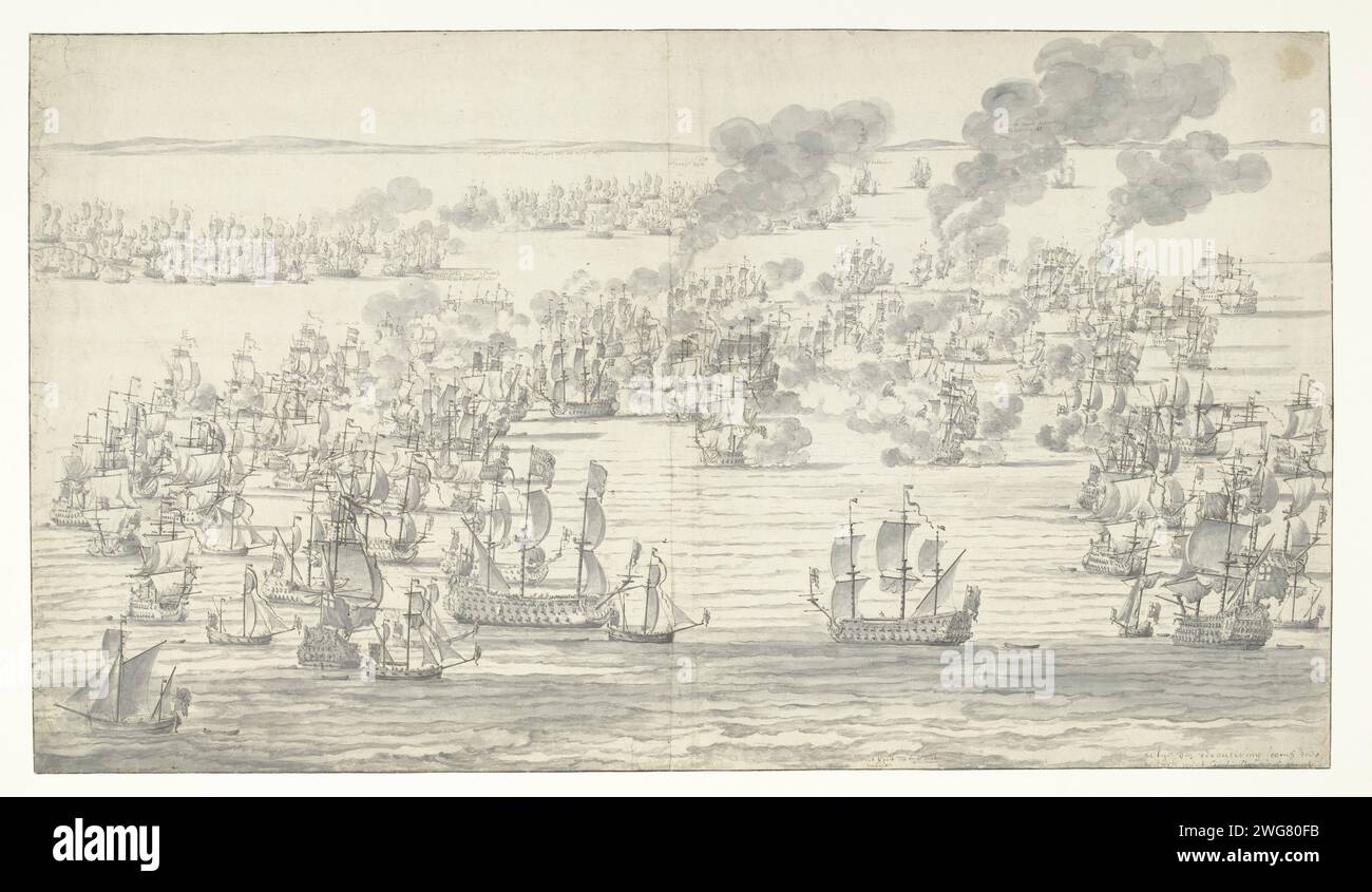 La fin de la bataille maritime à Solebay, le 7 juin 1672, Willem van de Velde (I), 1673 dessinant la voile des flottes anglaise, hollandaise, zélandaise et française après la bataille de Solebay le 7 juin 1672. En arrière-plan, le 'Royal James' de Mountagu brûle. En outre : Royal Sovereign de Jordan, Eendracht de Van Nes, Charles de Harman, St-Andrew de Kemptthorne, Seven Provinciën de de Ruyter, Elephant van Sweers, Virgin of Dordrecht van de Love, Dolphin de Van Ghent, Gouda van de Haen, Wapen van Enkhuizen et Pacification de Vram. papier. crayon. stylo à encre / brosse mer (s Banque D'Images