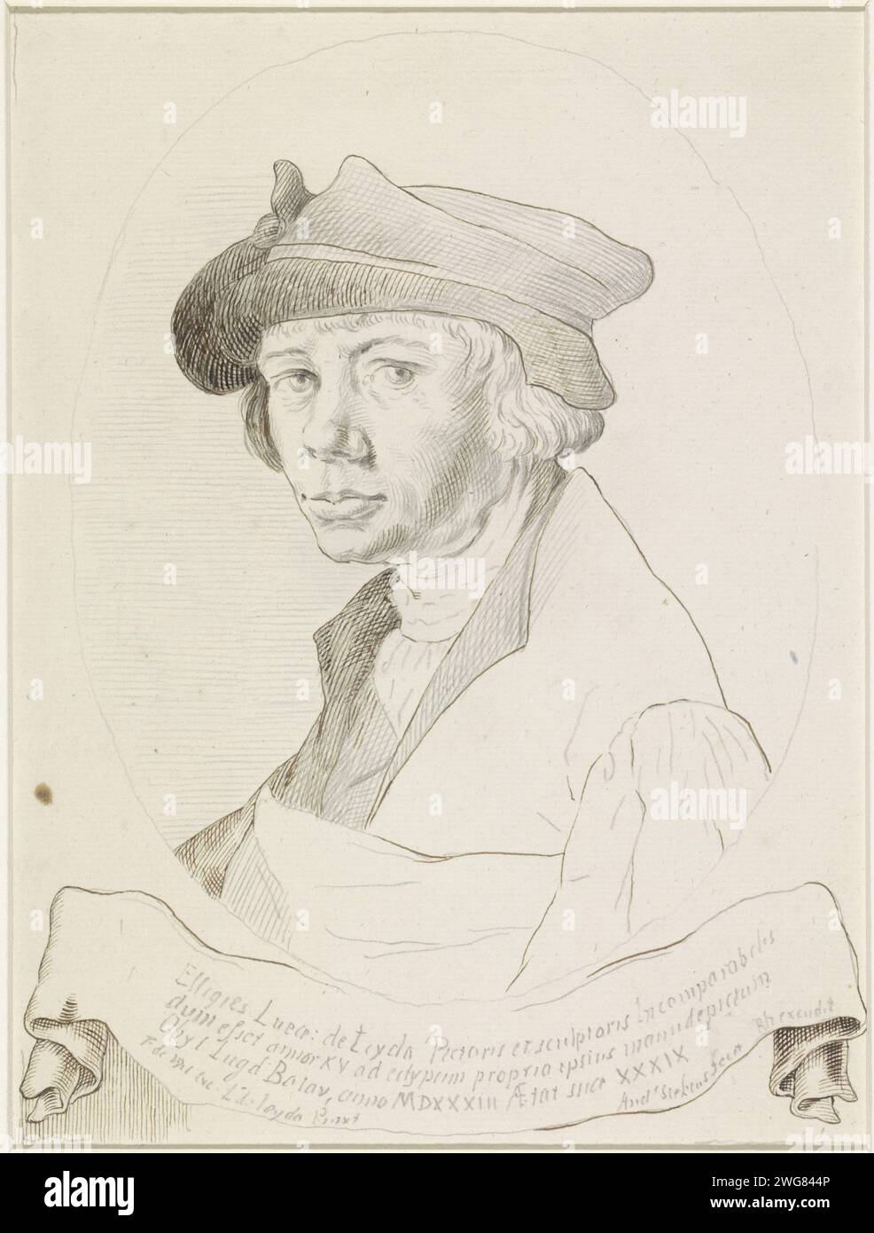 Portrait de Lucas van Leyden, à Ovaal à gauche, Anonyme, d'après Andries Jacobsz. Stock, 1582 - 1698 papier à dessin. encre. crayon stylo portrait, autoportrait de l'artiste. personnages historiques Banque D'Images