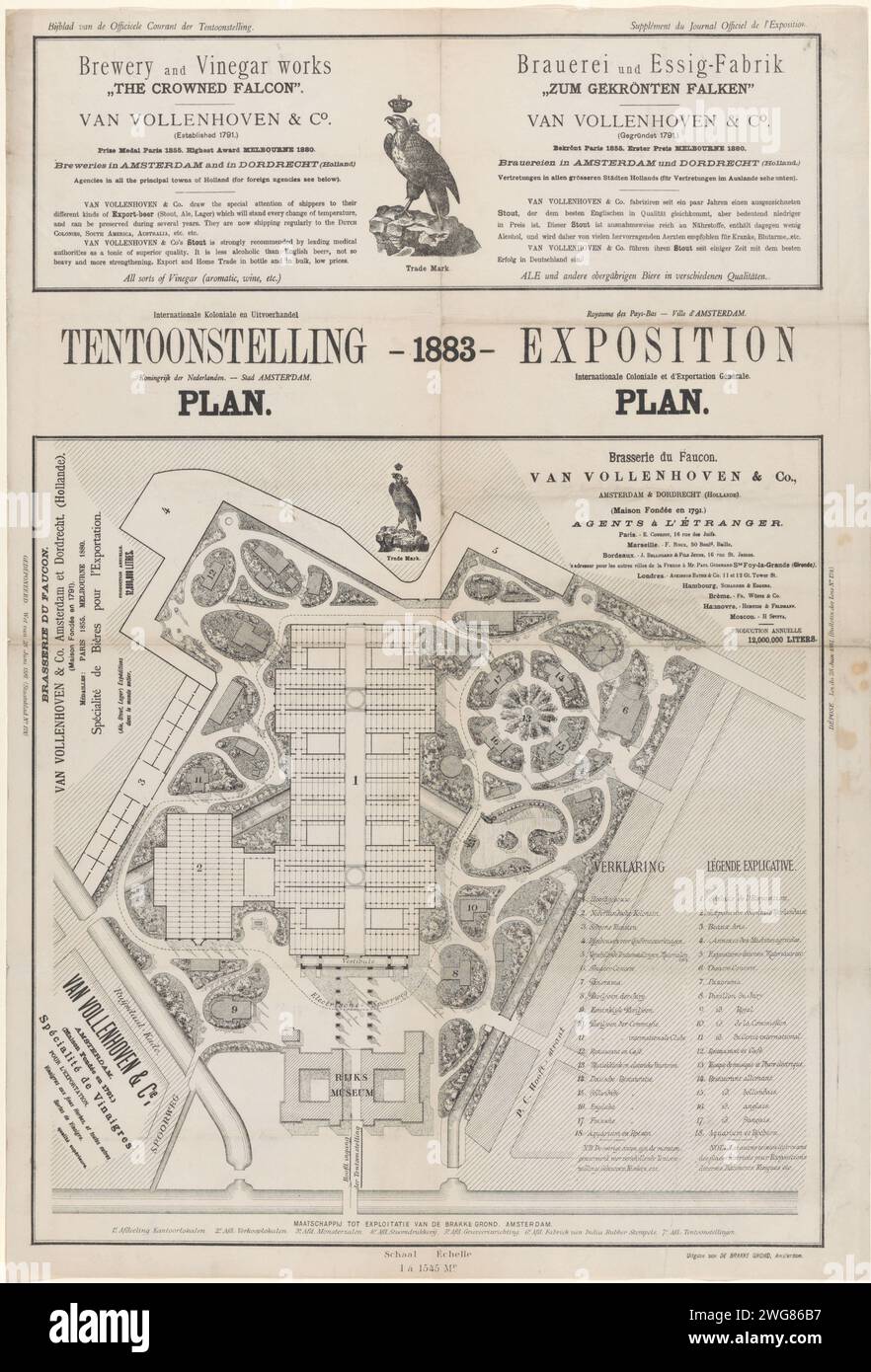 Salon international colonial et commercial de production Royaume des pays-Bas - ville d'Amsterdam. Plan - 1883 - Royaume des pays -Bas. - Ville d'Amsterdam. Exposition (...), 1883 imprimer carte de l'exposition universelle de 1883, l'exposition internationale coloniale et commerciale sur le Museumplein à Amsterdam derrière le Rijksmuseum. En bas à droite de Legenda en néerlandais et en français. En haut et dans trois coins des publicités pour la brasserie de Vollenhoven & Co. Publié comme 'Bijblad du courant officiel de l'Exhibition'. Amsterdam paper Fair (annuel), foire commerciale Museum Square Banque D'Images