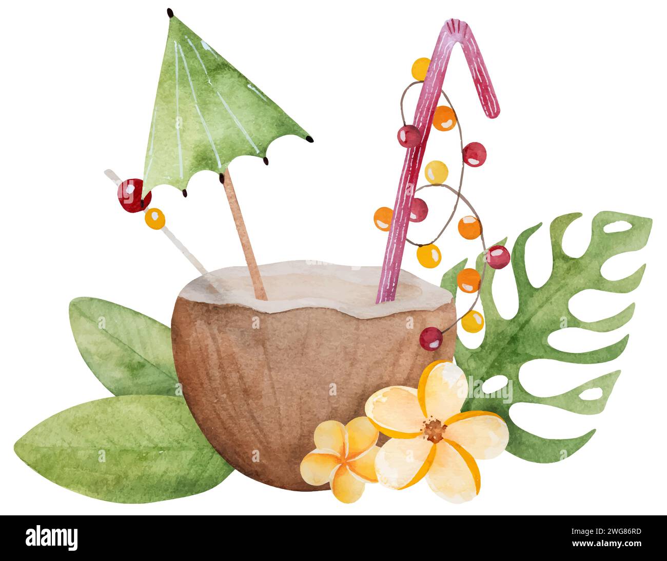 Illustration vectorielle dessinée à la main d'Un thème de vacances d'été - Un cocktail dans Une noix de coco décoré avec un parapluie, fleurs tropicales et feuilles Clipart sur Un fond blanc Illustration de Vecteur