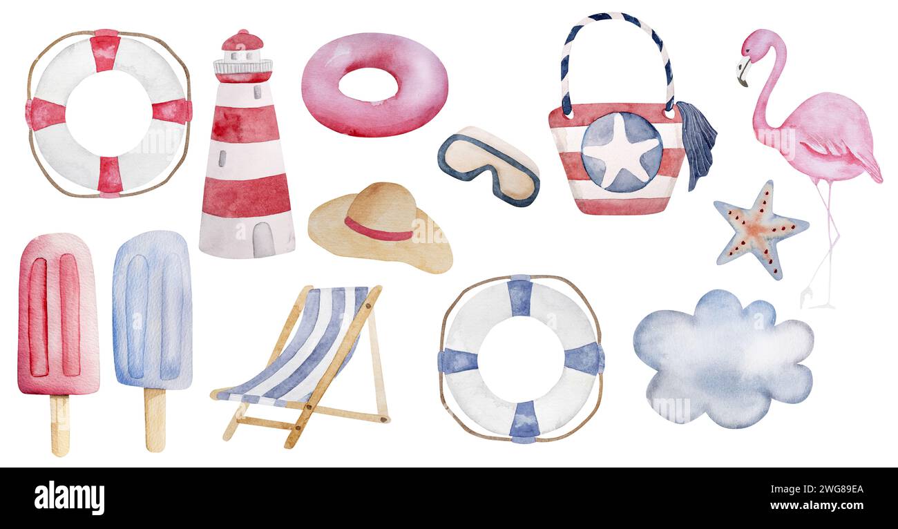 Ensemble d'images d'aquarelle peinte à la main comprend Lifebuoy, chapeau, crème glacée, flamant rose, phare, et d'autres Clipart d'été Banque D'Images