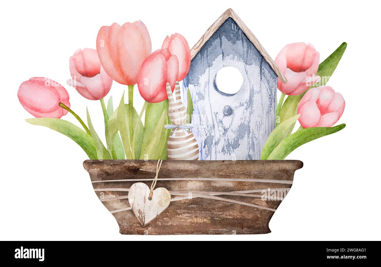 Maison d'oiseau aquarelle faite à la main et tulipes dans Un pot symbolisent Pâques et le printemps Banque D'Images