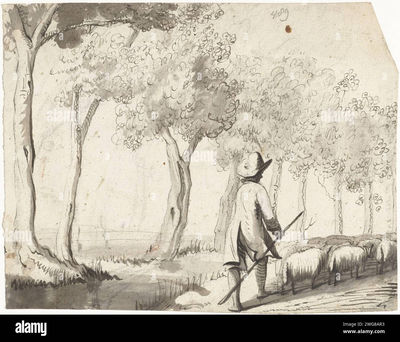 Shepherd et son troupeau marchant sur un chemin le long des arbres, 1651 dessinant du papier Zwolle. encre. brosse à craie / brosse Banque D'Images
