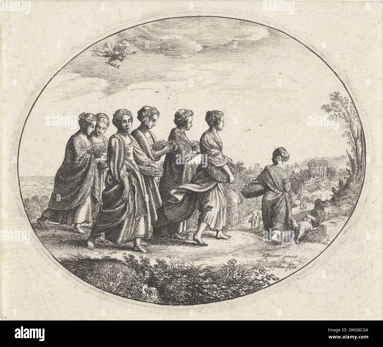 Mercurius a Heis, Venceslas Hollar, d'après Adam Empheimer, 1644 - 1652 print Mercure espionne Heerse et ses sœurs qui marchent avec des paniers de fleurs jusqu'au temple de Minerve. Heerse est à l'avant-garde avec un chien. Anvers gravure sur papier Mercure tombe amoureuse de Herse, en la voyant porter avec ses compagnons des paniers pleins de fleurs au temple Banque D'Images