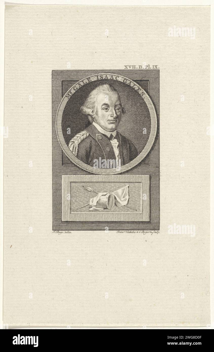 Portrait de Gale Isaac Gales, Reinier Vinkeles (I), d'après Jacobus Buys, 1783 - 1795 print Portrait du lieutenant-colonel néerlandais Gale Isaac Gales. Sous le portrait un tambour et une bannière. En haut à droite : XVII.d.pl.ix. Amsterdam gravure sur papier / gravure (militaire) drapeaux et normes. tambour (instrument de musique) Banque D'Images