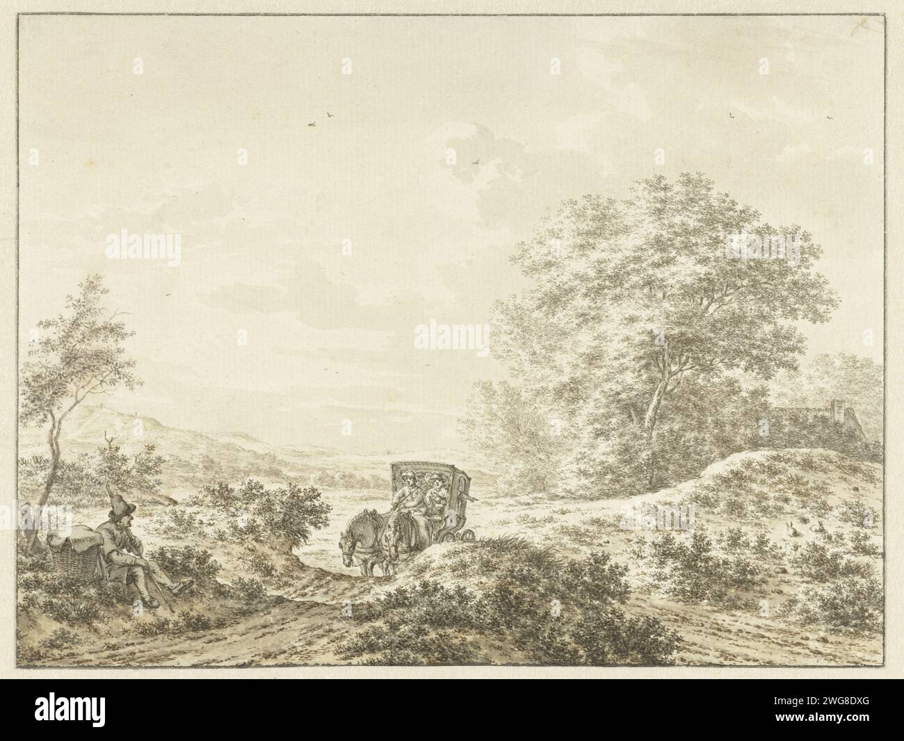 Paysage vallonné avec voiture de voyage, Jacob Cats (1741-1799), 1775 papier à dessin. stylo à encre / pinceau Banque D'Images