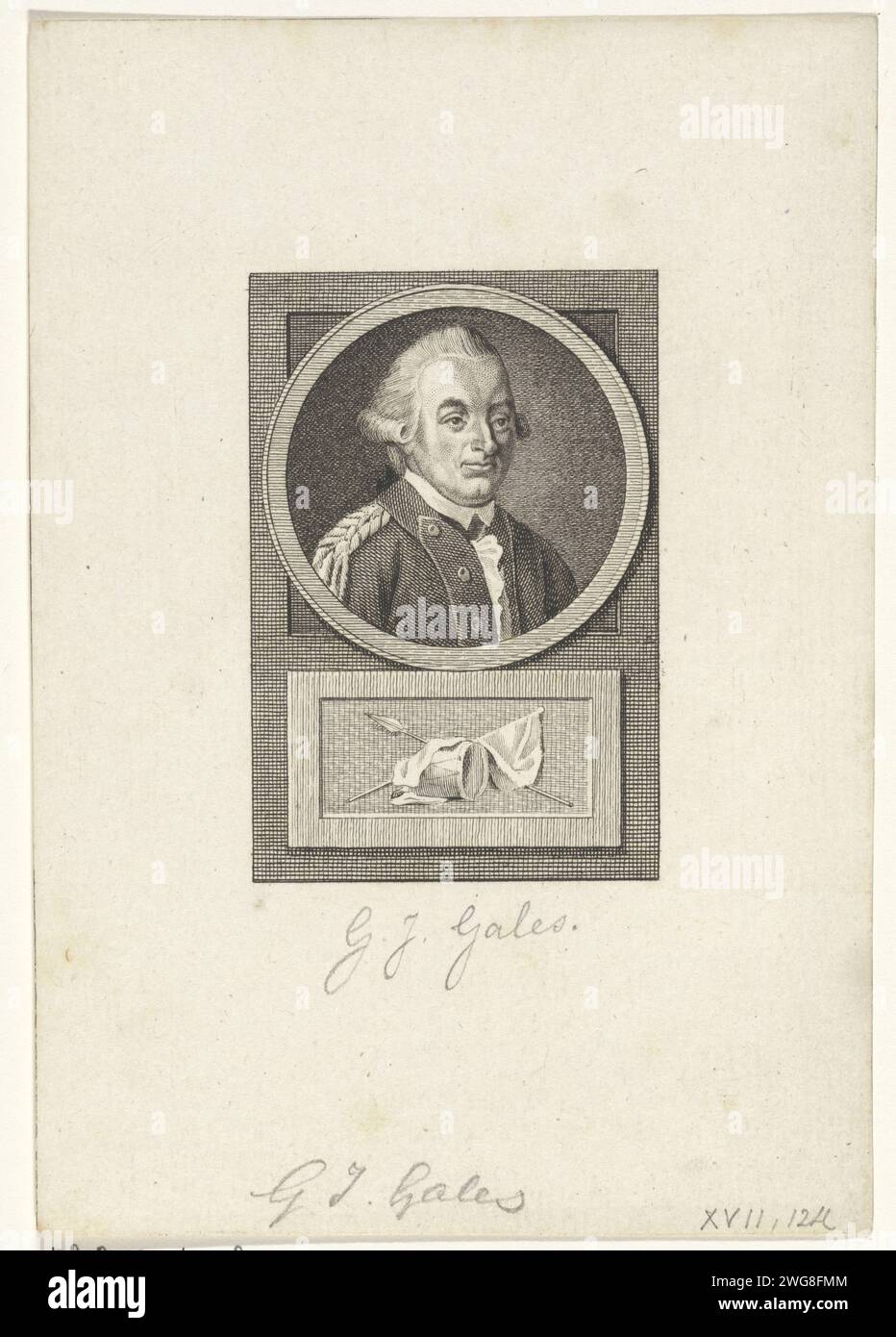 Portrait de Gale Isaac Gales, Reinier Vinkeles (I), d'après Jacobus Buys, 1783 - 1795 print Portrait du lieutenant-colonel néerlandais Gale Isaac Gales. Sous le portrait un tambour et une bannière. Amsterdam gravure sur papier / gravure (militaire) drapeaux et normes. tambour (instrument de musique) Banque D'Images
