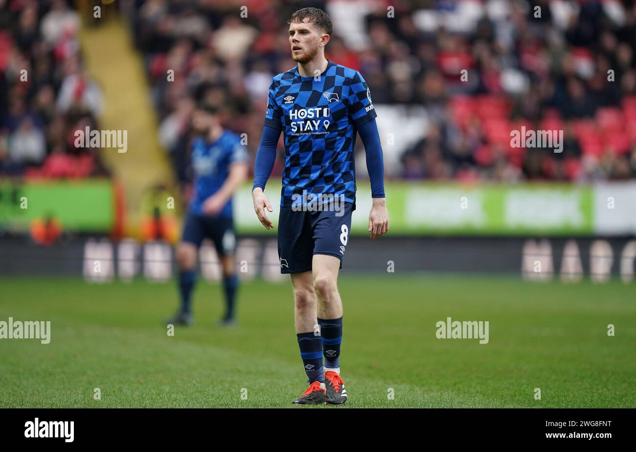 LONDRES, ANGLETERRE - 3 FÉVRIER : Max Bird du comté de Derby lors du match Sky Bet League One entre Charlton Athletic et Derby County à The Valley le 3 février 2024 à Londres, Royaume-Uni. (Photo de Dylan Hepworth/MB Media) Banque D'Images