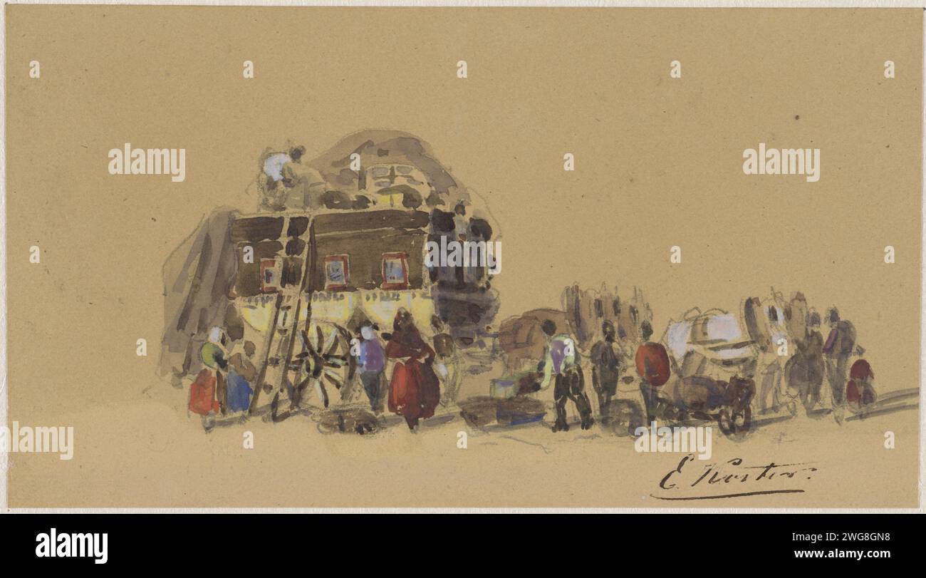 Charger une voiture de voyage, Everhardus Koster, 1827 - 1892 papier à dessin. brosse à crayon véhicule à quatre roues, tiré par des animaux, p.ex. cabine, voiture, autocar. préparations  voyage Banque D'Images