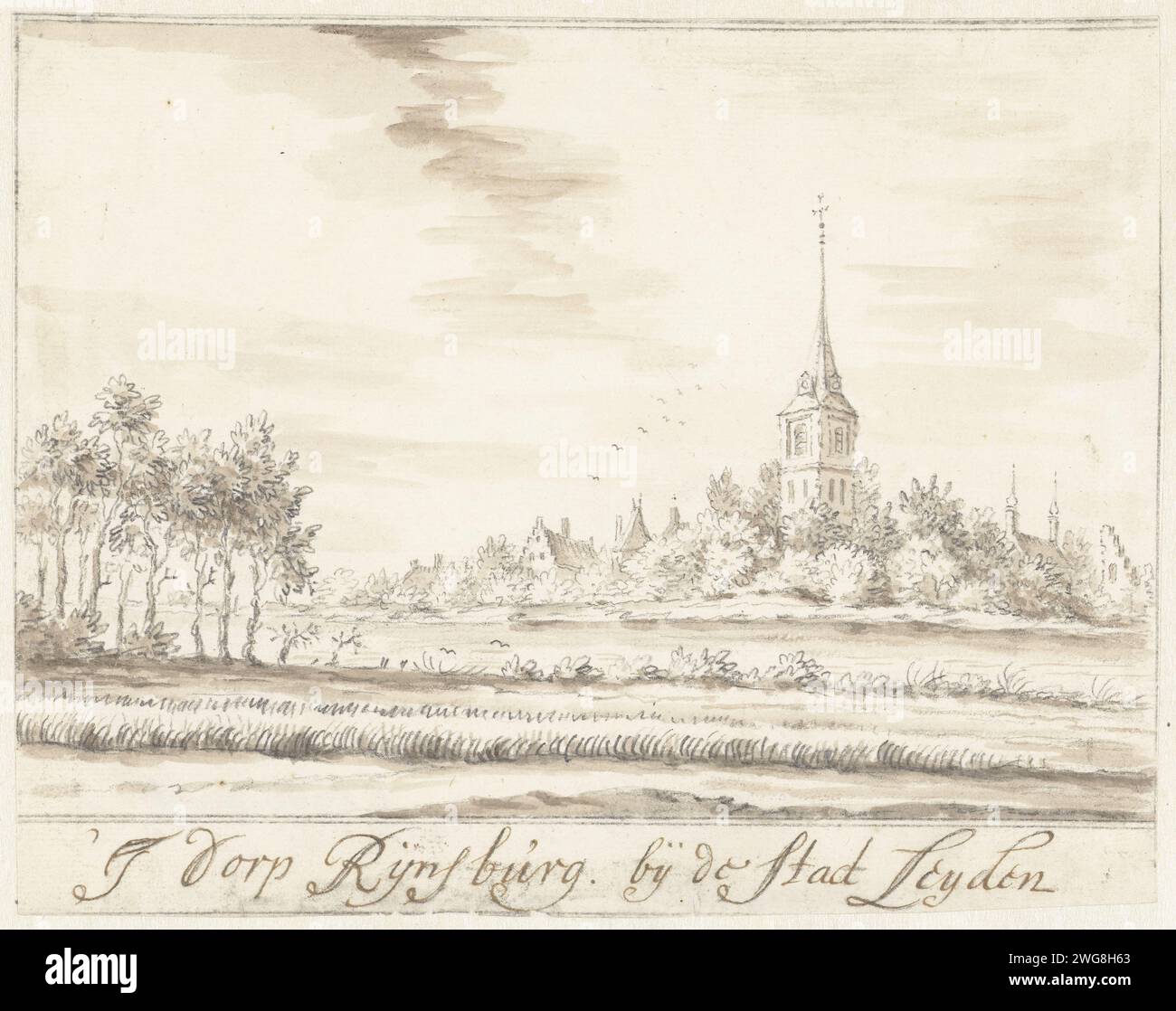 Le village de Rijnsburg, Jacobus Stellingwerff, 1670 - 1736 papier à dessin. encre. Stylo à craie / village de pinceaux Rijsenburg Banque D'Images