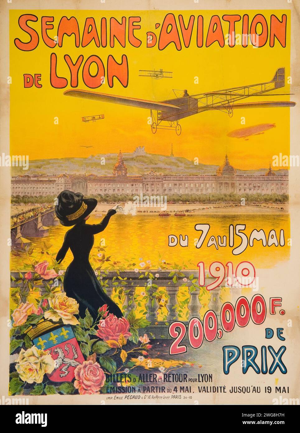 Semaine d'Aviation de Lyon, affiche de voyage vintage, Lyon France, 1910. Grande semaine de l'aviation lyonnaise en mai 1910. Imprimeur Emile Pecaud et cie, Banque D'Images