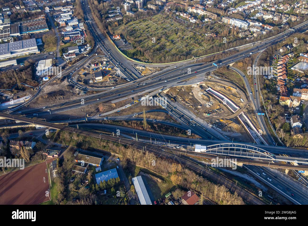 Luftbild, Autobahnkreuz Herne Großbaustelle, Autobahn A43 und Autobahn A42, Baukau-West, Herne, Ruhrgebiet, Rhénanie-du-Nord-Westphalie, Deutschland ACHTUNGxMINDESTHONORARx60xEURO *** vue aérienne, jonction de l'autoroute Herne grand chantier, autoroute A43 et autoroute A42, Baukau Ouest, Herne, région de la Ruhr, Rhénanie du Nord-Westphalie, Allemagne ATTENTIONxMINDESTHONORARx60xEURO Banque D'Images