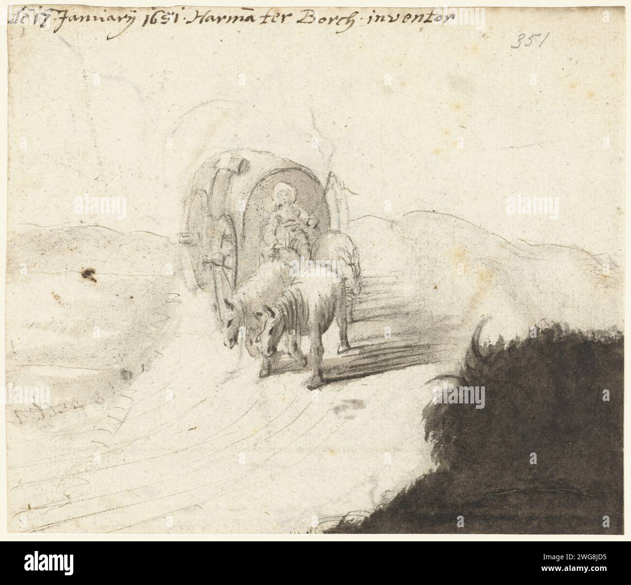 Voiture dessinée par des chevaux dans un paysage, 1651 dessin papier Zwolle. encre. brosse à craie Banque D'Images