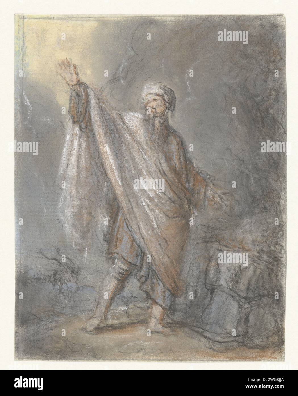 Homme debout dans le sacrifice brûlant, anonyme, 1700 - 1800 papier à dessin. Pratiques religieuses, culte, liturgie  religion juive. Sacrifice  religions non chrétiennes Banque D'Images