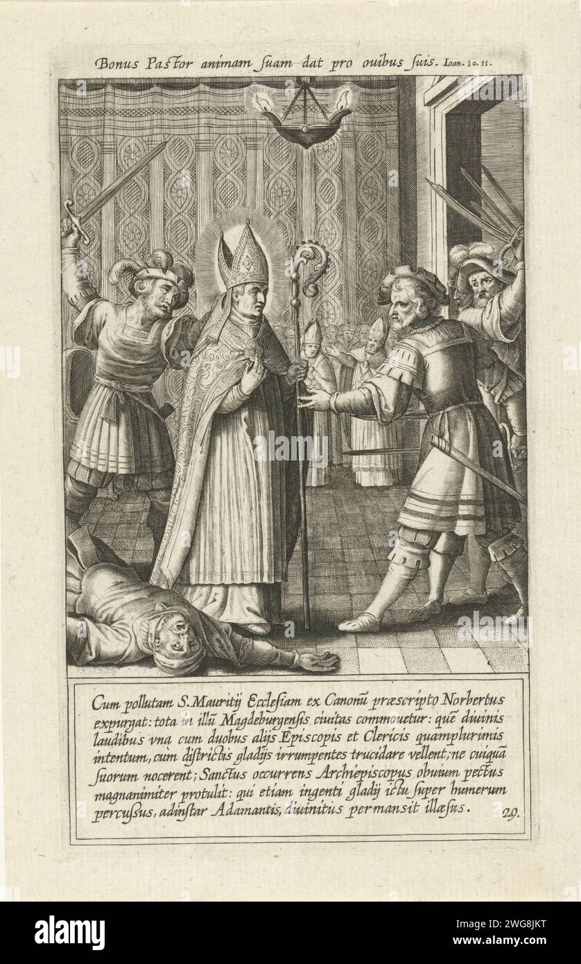 Meurtre sur Saint Norberte, Cornelis Galle (attribué à), 1622 imprimer quelques soldats veulent tuer le Saint Norberte et ses compagnons. Norbertus intervient et veut se sacrifier pour ses disciples. Les soldats sont affectés par ce fruit et deviennent les protecteurs du saint. L'impression comporte deux inscriptions latines : une en haut et une en dessous du spectacle. Papier anversois gravant le fondateur des Praemonstratensiens, et archevêque de Magdebourg, Norbert ; attributs possibles : calice (avec araignée), diable sous les pieds, monstrance, l'hérétique Tankelin. soldat Banque D'Images