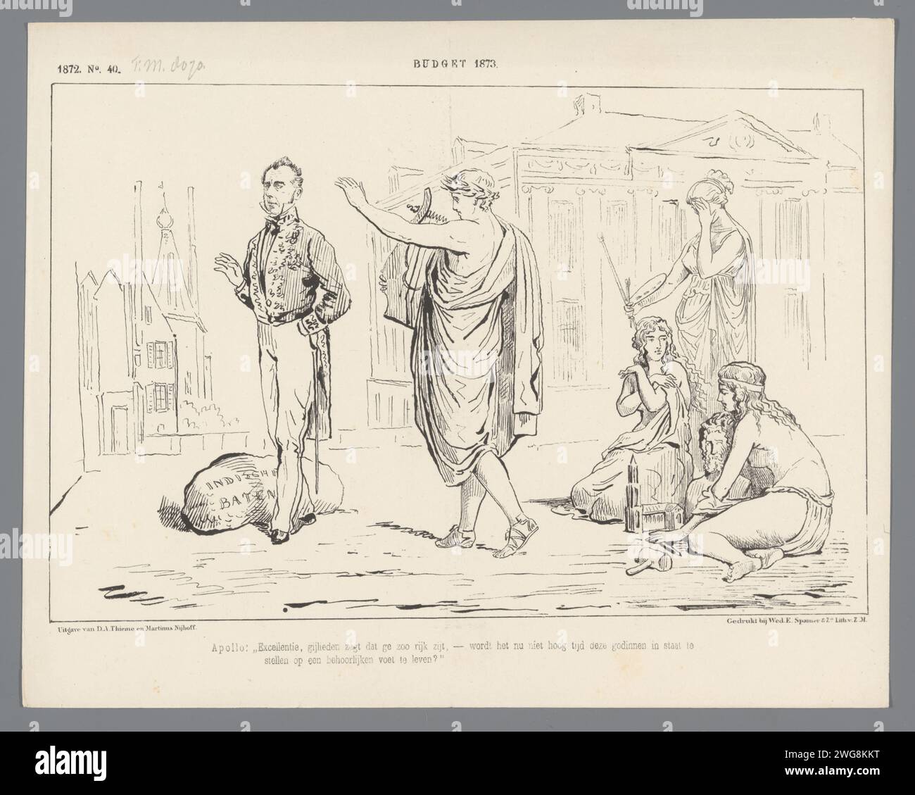 Caricature sur le budget de 1873, 1872, 1872 imprimer caricature sur le ministre Geertsema et le budget de l'an 1873. Apollo et de Muzen supplièrent le ministre de soutenir les arts Plaat est apparu au Weekblad de Nederlandsche Spectator, non 40, 1872. Imprimeur : Netherlandsprinter : Netherlandspublisher : Arnhempublisher : The Hague paper Apollo and the Muses, Apollo Musagetes Banque D'Images