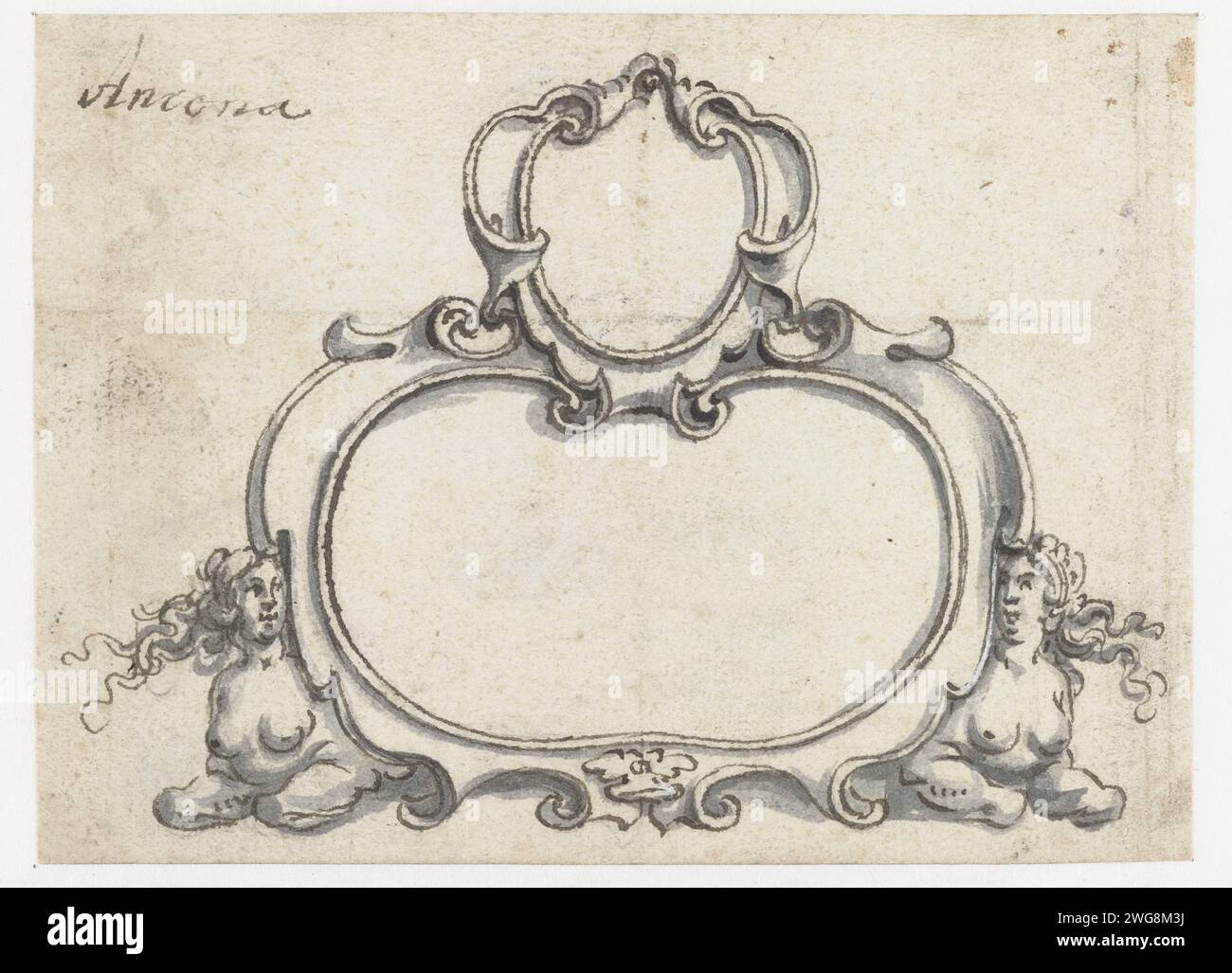 Cartouche à deux compartiments et sphinxen, Pieter Jansz, 1635 - 1640 dessin cartouche composée d'un grand et petit compartiment avec deux sphinx au fond. En haut à gauche indiquer : Ancône. Conception pour une impression. papier. Stylo à encre / pinceau sphinx (lion/femme) ; 'Sfinge' (Ripa). ornement ~ êtres hybrides ; formes humaines et animales mélangées. ornement ~ cartouche Banque D'Images