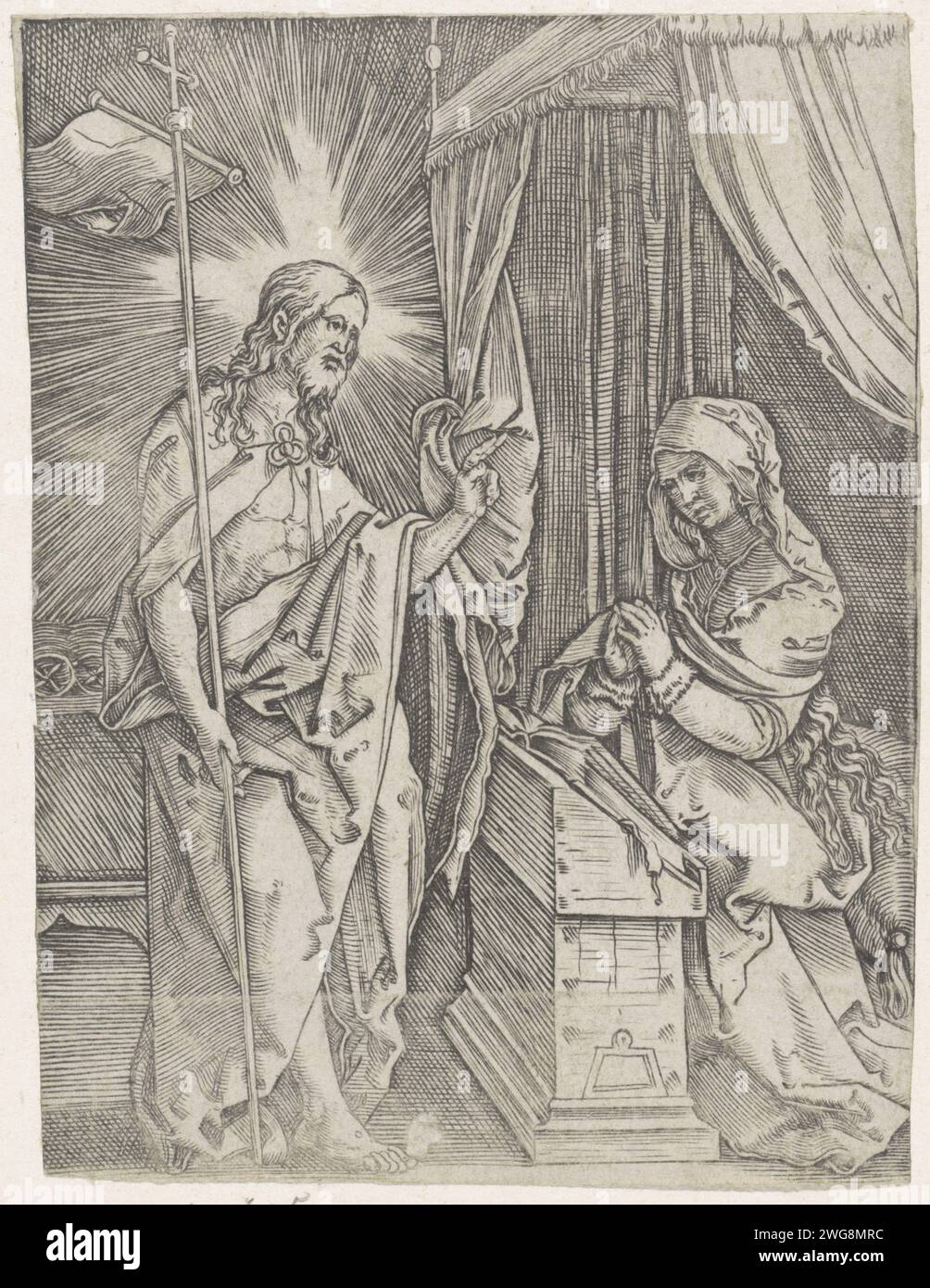 Christ apparaît à sa mère, Anonyme, d'après Albrecht Dürer, 1481 - 1578 imprimer le Christ bouleversé apparaît avec une bannière dans sa main et il salue sa mère Marie, qui est agenouillée pour un lecteur. Papier gravé Christ, peut-être habillé comme un pèlerin, apparaissant à sa mère, qui est habituellement montré en train de prier Banque D'Images