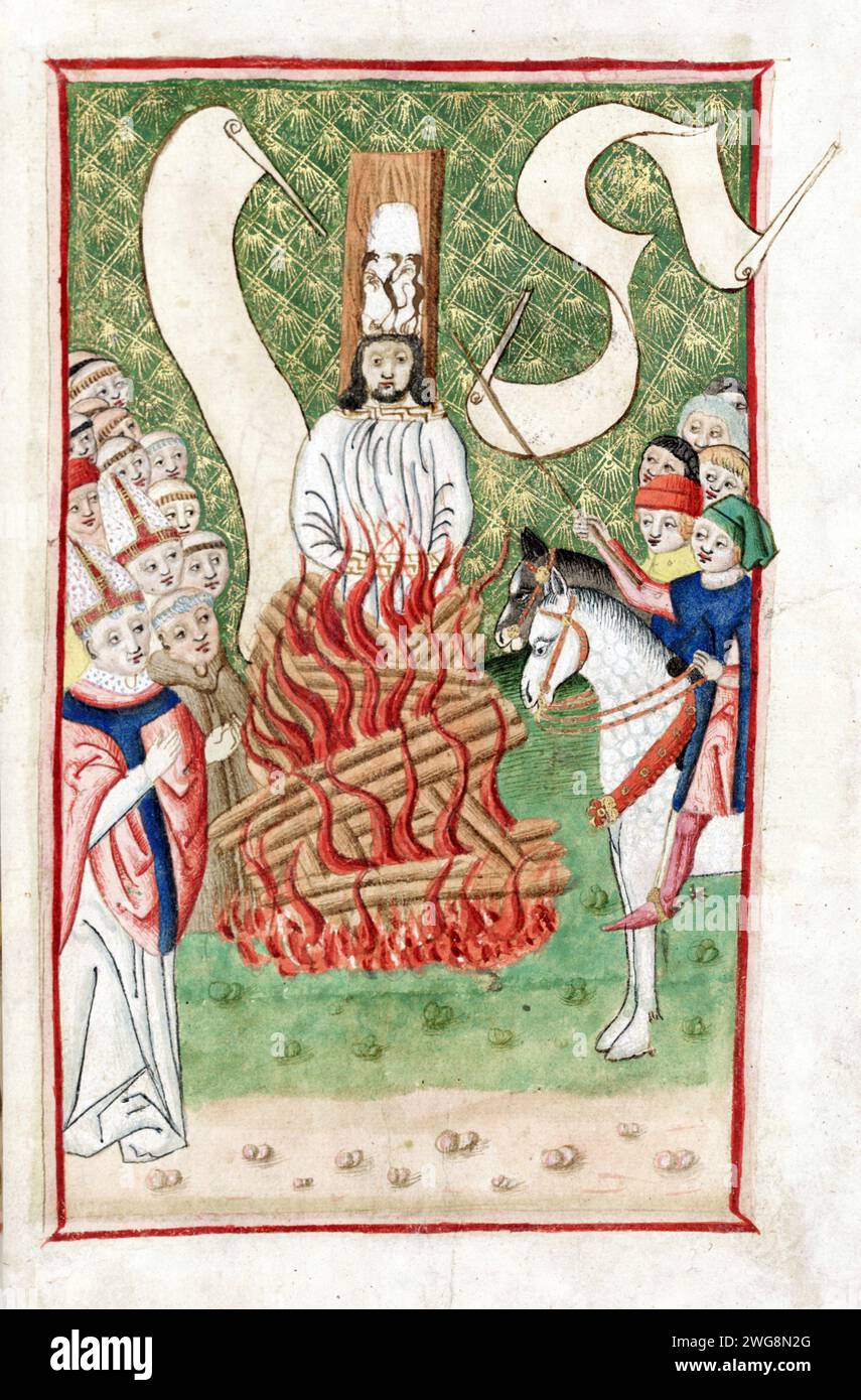 Jan Hus (1370 – 1415), John Hus ou John Huss, Iohannes Hus ou Johannes Huss, théologien et philosophe tchèque. Jan Hus au bûcher, Iena codex (c. 1500) Banque D'Images