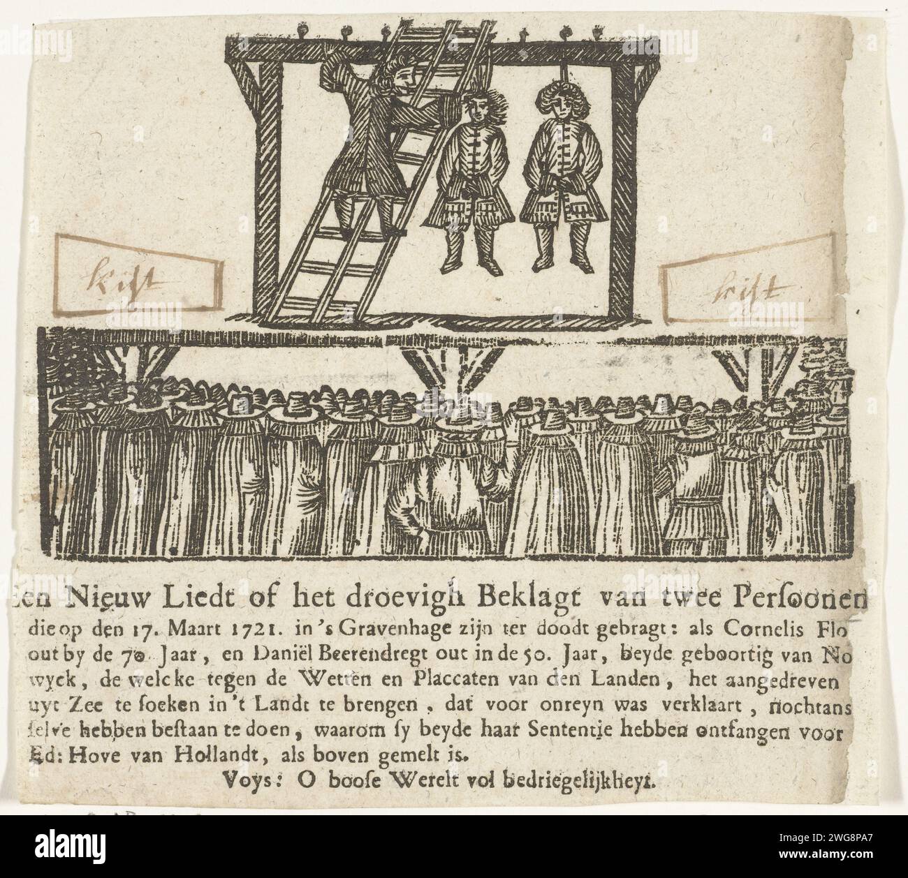 Suspension de Cornelis Flooren et Daniël Beerrregt, 1721, 1721 imprimer Justice par suspension publique de Cornelis Flooren et Daniël Beerregt à la Haye, 17 mars 1721. Deux cercueils étaient signés des deux côtés des deux côtés. Les deux hommes ont été reconnus coupables de vol de marchandises échouées (Jutten). Illustration qui appartient à une chanson sur l'événement. Journal du nord des pays-Bas mort violente par pendaison. Sur l'échafaudage ou lieu d'exécution la Haye Banque D'Images