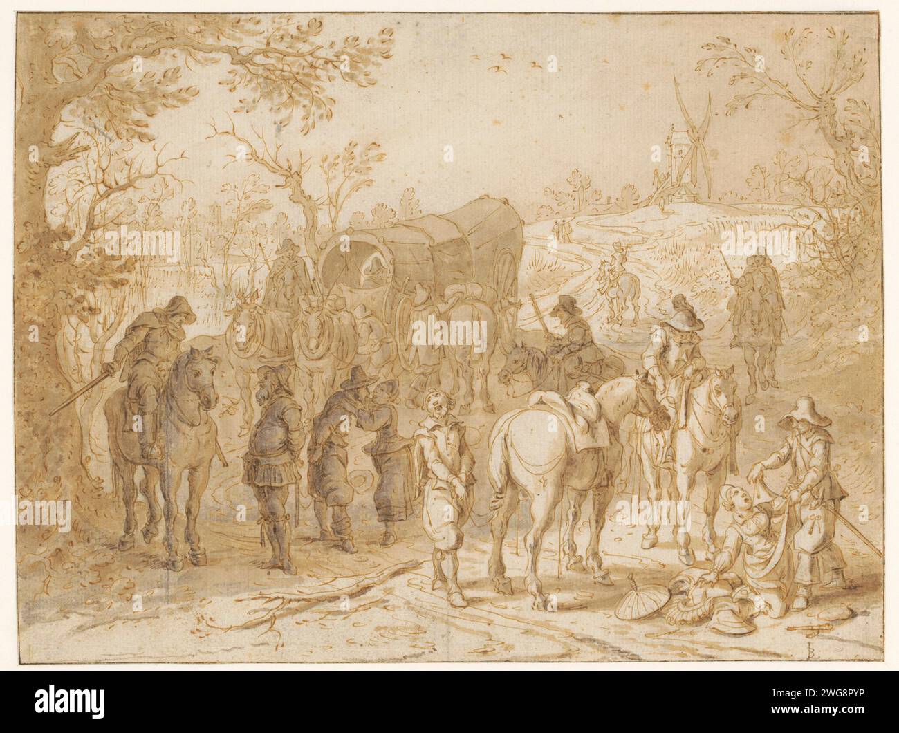 Vol sur une voiture de voyage, Sebastiaen Vrancx, 1583 - 1647 papier à dessin. peinture (revêtement). craie. voyageur(s) stylo à encre / brosse attaqué(s) par un(des) voleur(s) Banque D'Images