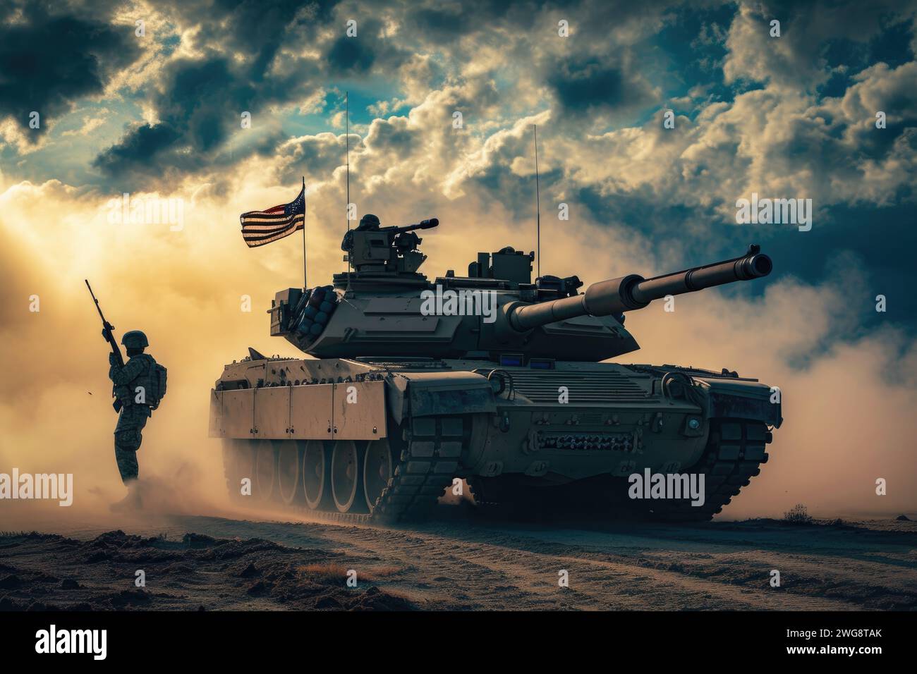Char américain sur le champ de bataille avec couverture d'infanterie Banque D'Images