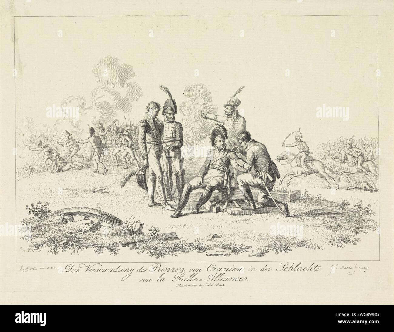Prince d'Orange est blessé lors de la bataille de Waterloo, 1815, Jacob Ernst Marcus, après Louis Moritz, 1815 imprimer Willem Frederik George, Prince d'Orange, a été blessé à l'épaule gauche lors de la bataille de Waterloo le 18 juin 1815, est examiné par un chirurgien. Combats intenses à gauche et en arrière-plan. Il y a des officiers au prince. Imprimeur : Netherlandspublisher : Amsterdam paper gravure / gravure bataille (+ forces terrestres). Aide médicale et soins infirmiers aux malades et blessés sur le champ de bataille de Waterloo Banque D'Images