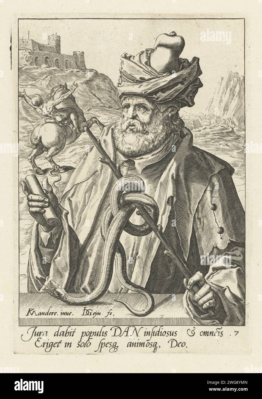 Père de famille Dan, 1587 - 1591 imprimer Père étudiant puis, dans la main droite, un rouleau de parchemin ou de papier, dans la main gauche une branche autour de laquelle un serpent s'est recourbé (références à ce moment-là comme exécuteur de la droite et comme un «serpent sur la route»). En arrière-plan un château sur une colline. Au pied de celui-ci, un homme menace de tomber de son cheval, qui prononce la morsure d'un serpent. Sous la performance deux lignes de texte en latin. Cette estampe fait partie d'une série de douze Pères de la famille van, Sraël ; chaque estampe de cette série se compose d'une image d'un ancêtre, à mi-chemin, et d'une légende bidirectionnelle en latin. imprimer Banque D'Images