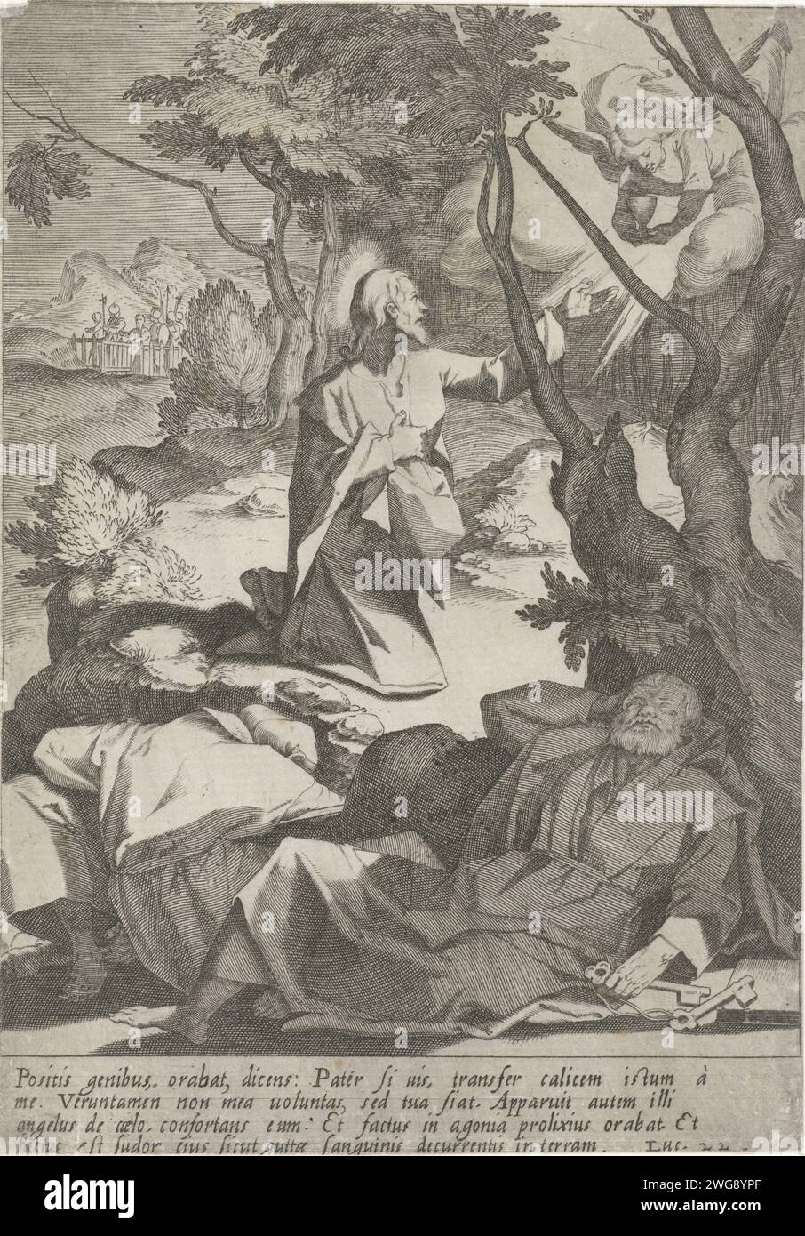 Christ in Hof van Getsemane, Pieter de Jode (I), d'après Andrea Boscoli, 1590 - 1632 imprimer Christ priant dans la cour de Getsemane. Un ange avec un calice apparaît du ciel. Peter, John et James dorment au premier plan. En arrière-plan, un groupe de soldats s'approche avec Judas. Dans la marge, une légende de quatre lignes en latin. Imprimer à partir d'une série de quinze avec la passion du Christ. Italie papier gravure de la prière du Christ dans le jardin de Gethsémani pendant la nuit Banque D'Images