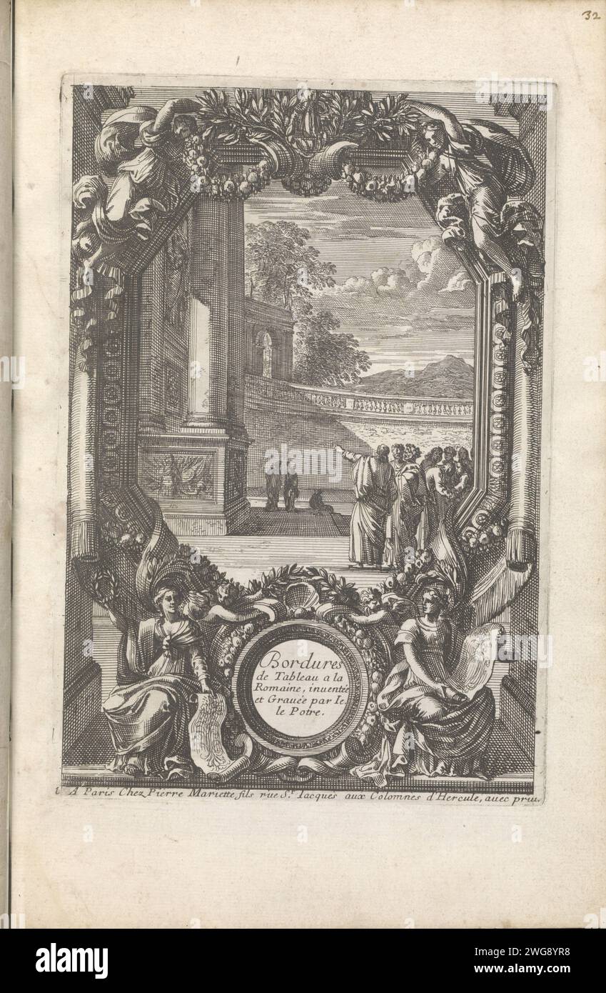 Cadre hexagonal, 1655 - 1657 impression empire hexagonal décoré liste de la présentation des personnes à la recherche d'un bâtiment avec des colonnes monumentales. Au milieu du titre de la série dans un médaillon flanqué de femmes, qui tiennent chacune un dessin d'ornement. L'impression fait partie d'un album. Paris papier gravure cadre de peinture, etc. ornements  art. index vers l'avant, pointant, indiquant Banque D'Images