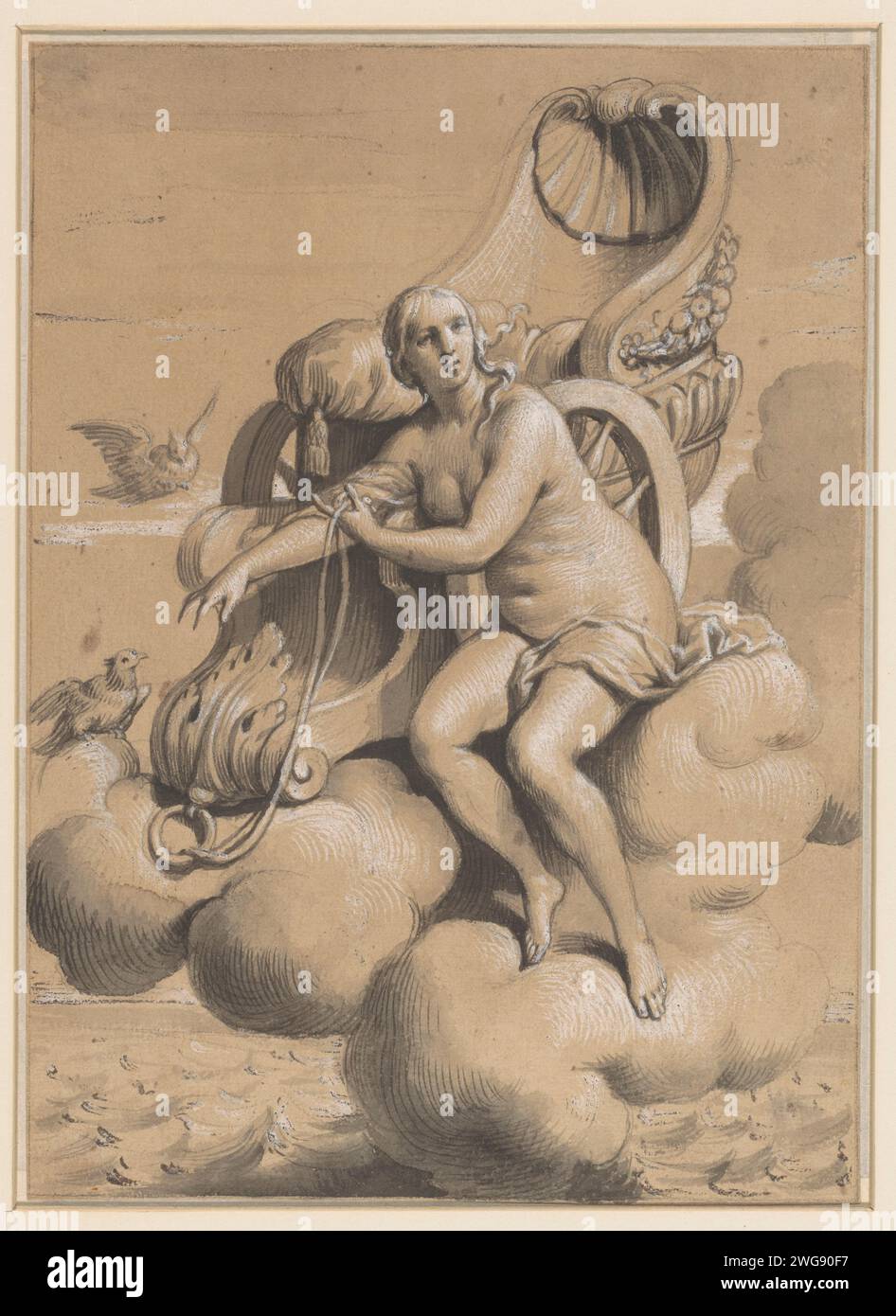 Vénus s'assit à côté de sa voiture sur les nuages, François Verdier, 1661 - 1730 papier à dessin. Pinceau à encre / stylo Triomphe de Vénus ; 'Carro di Venere' (Ripa) Banque D'Images