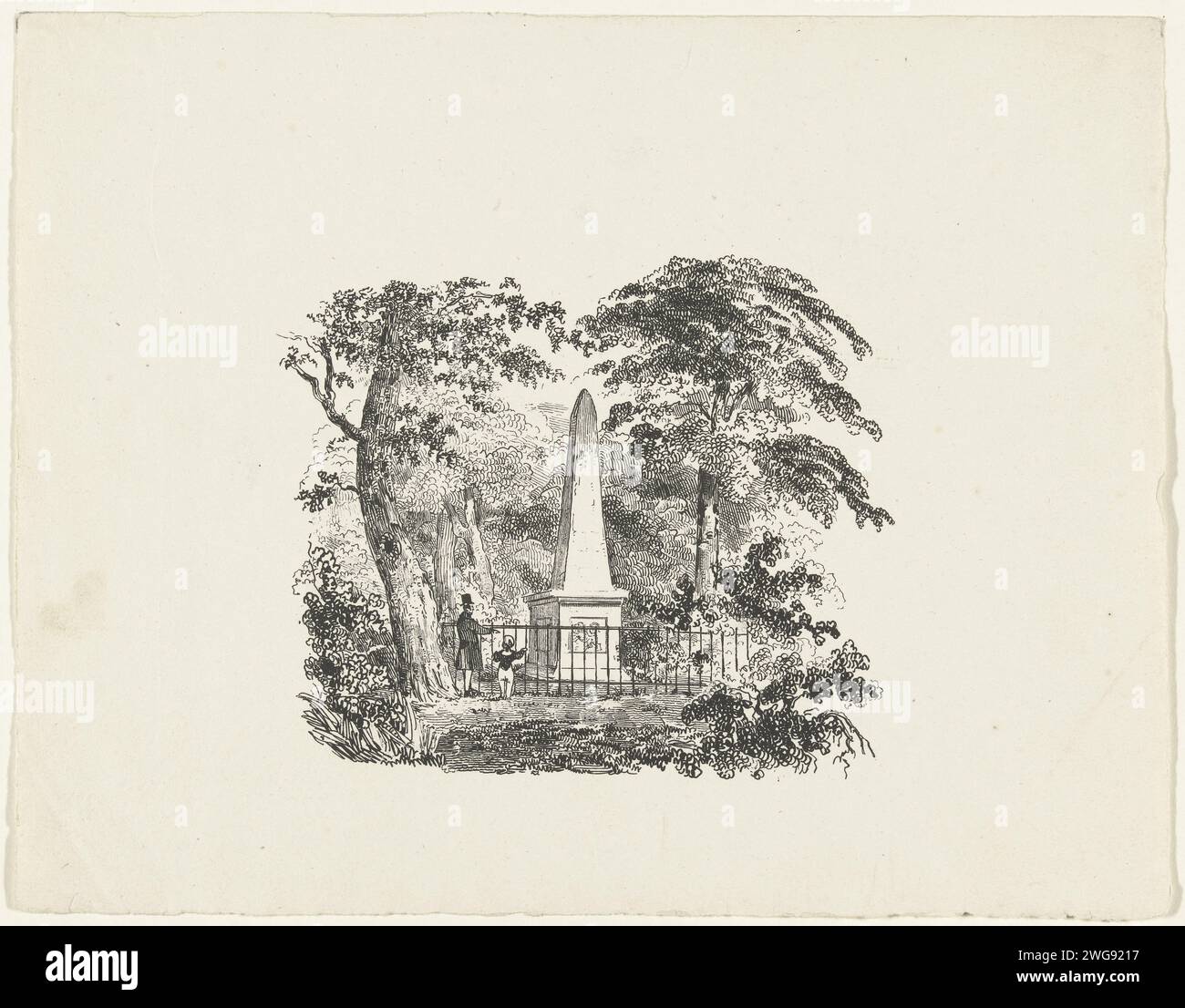 Mémorial en mémoire des combats au Manpad en 1304, 1835 - 1838 imprimer Mémorial fondé en 1817 en mémoire des combats au Manpad à Heemstede: la victoire et l'expulsion des Flamands le 26 avril 1304 et un épisode du siège de Haarlem le 8 juillet 1573. Monument auquel se dresse une clôture, un homme et Un garçon à côté. Monument en papier des pays-Bas, statue Maison à Manpad. Hemstede Banque D'Images