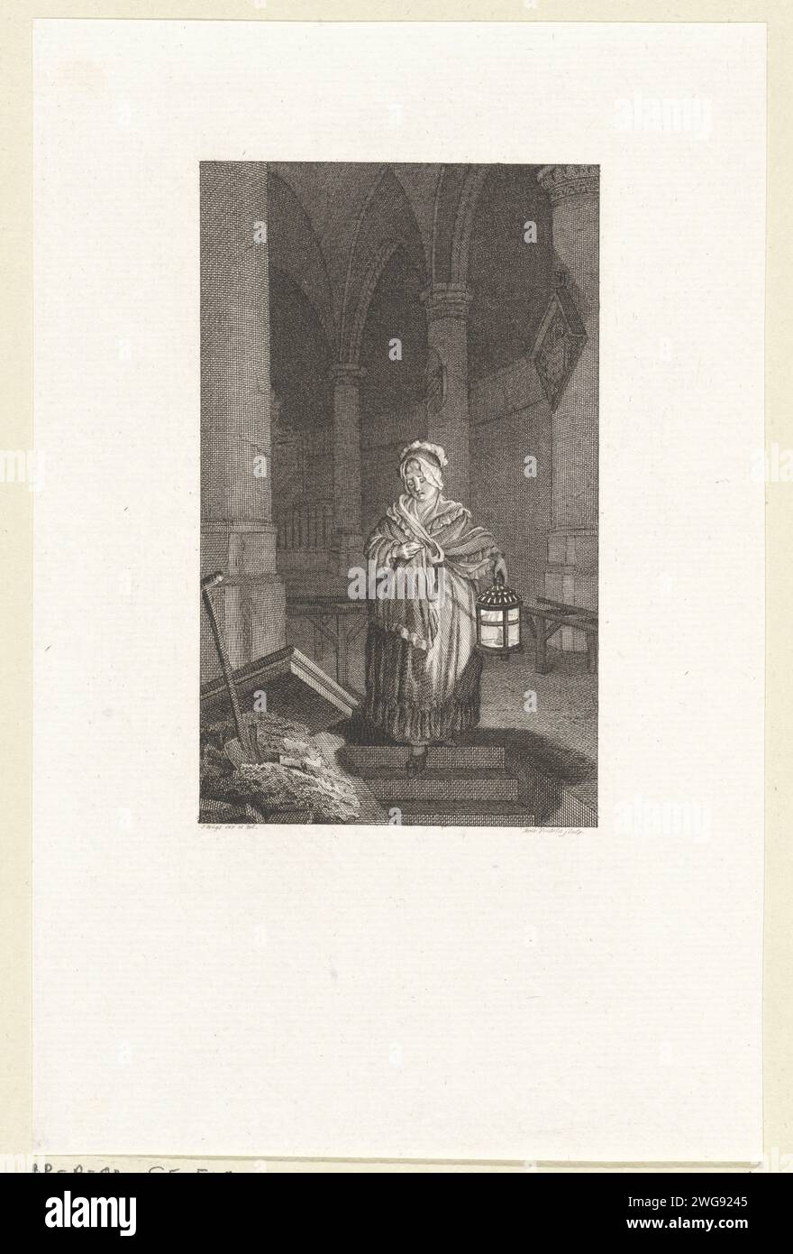 Dans une église, une femme descend dans une tombe, Reinier Vinkeles (I), après Jacobus achète, 1789 estampes Amsterdam papier gravure / gravure tombe, tombe. intérieur de l'église. lanterne Banque D'Images