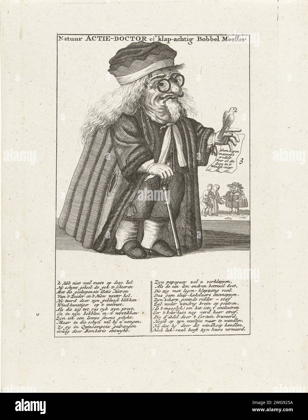 Caricature de nain et de Windhandel, 1720, 1770 - 1780 imprimer Un nain comme un docteur avec un oiseau sur sa main, avec légende en deux colonnes. Numéroté 3. Imprimé à partir d'une grande plaque sur laquelle les quatre représentations sont numérotées 1-4. Imprimer 26/3 dans la série la Grande scène de folie avec des dessins animés sur le Windhandel ou action Trade de 1720. Nord des pays-Bas gravure de papier / gravure de petites personnes. caricatures (types humains). médecin, médecin Banque D'Images