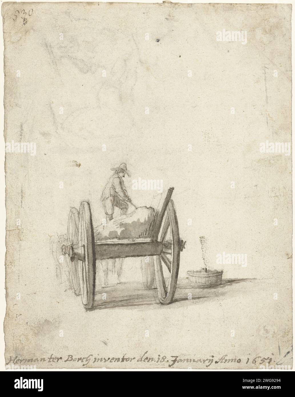 Voiture, par derrière, avec un homme qui crée du fumier dans une baignoire, 1651 dessin du papier Zwolle. encre. brosse à craie Banque D'Images