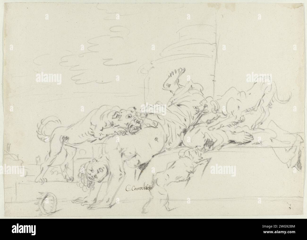 Jezebel déchiré par les chiens, Leonaert Bramer (attribué à), d'après Christiaen Gillisz. Van Couwenberg, 1642 - 1653 dessin dessin fait partie d'un album. papier. Les chiens de craie mangent le corps de Jezebel Banque D'Images