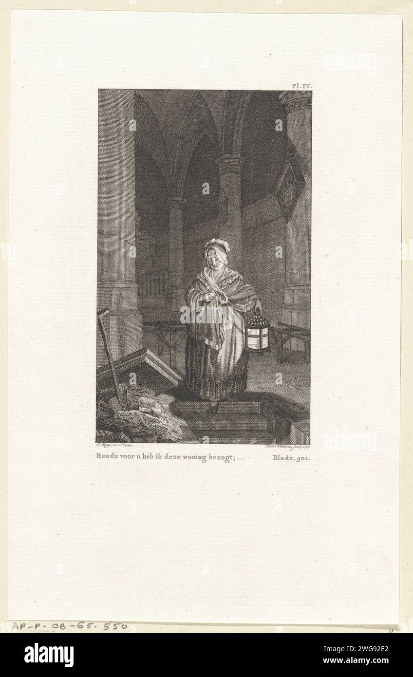 Dans une église, une femme descend dans une tombe, Reinier Vinkeles (I), après Jacobus achète, 1789 estampes Amsterdam papier gravure / gravure tombe, tombe. intérieur de l'église. lanterne Banque D'Images