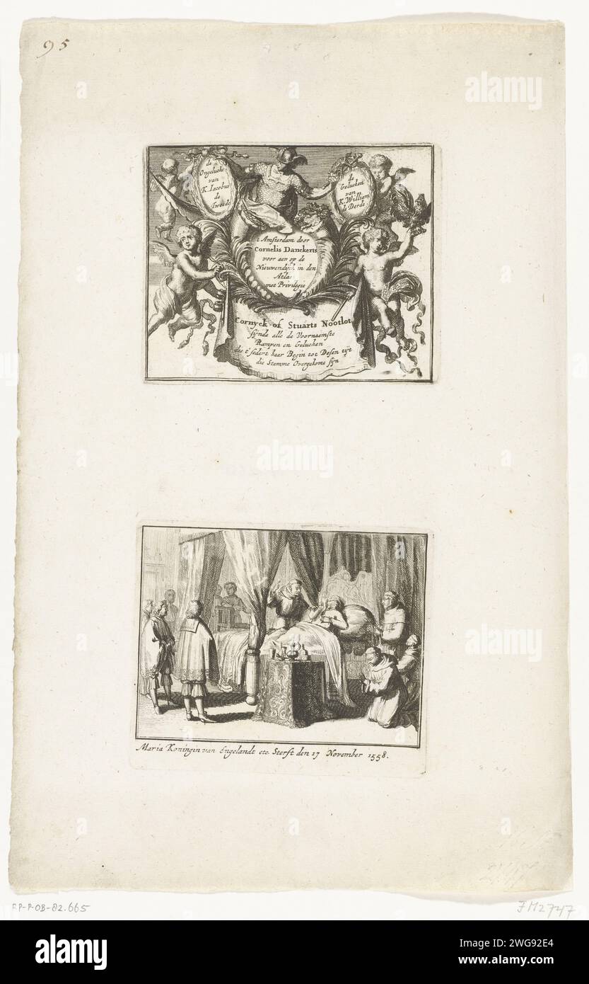 Magazine avec tirage titre et la mort de Maria Tudor en 1558, 1711 tirage Magazine Uncuted avec deux disques : le tirage titre et la mort de Maria Tudor le 17 novembre 1558. Tirage de titre et un magazine d'une série sur les fortunes de la famille royale anglaise de Stuart de 1558 à 1711, dont seize tirages ont été inclus ici sur la bataille entre Jacobus II et Willem III dans les années 1688-1689. Imprimeur : Northern Netherlandsprint Maker : Northern Netherlandspublisher : Amsterdam paper graving bed Banque D'Images