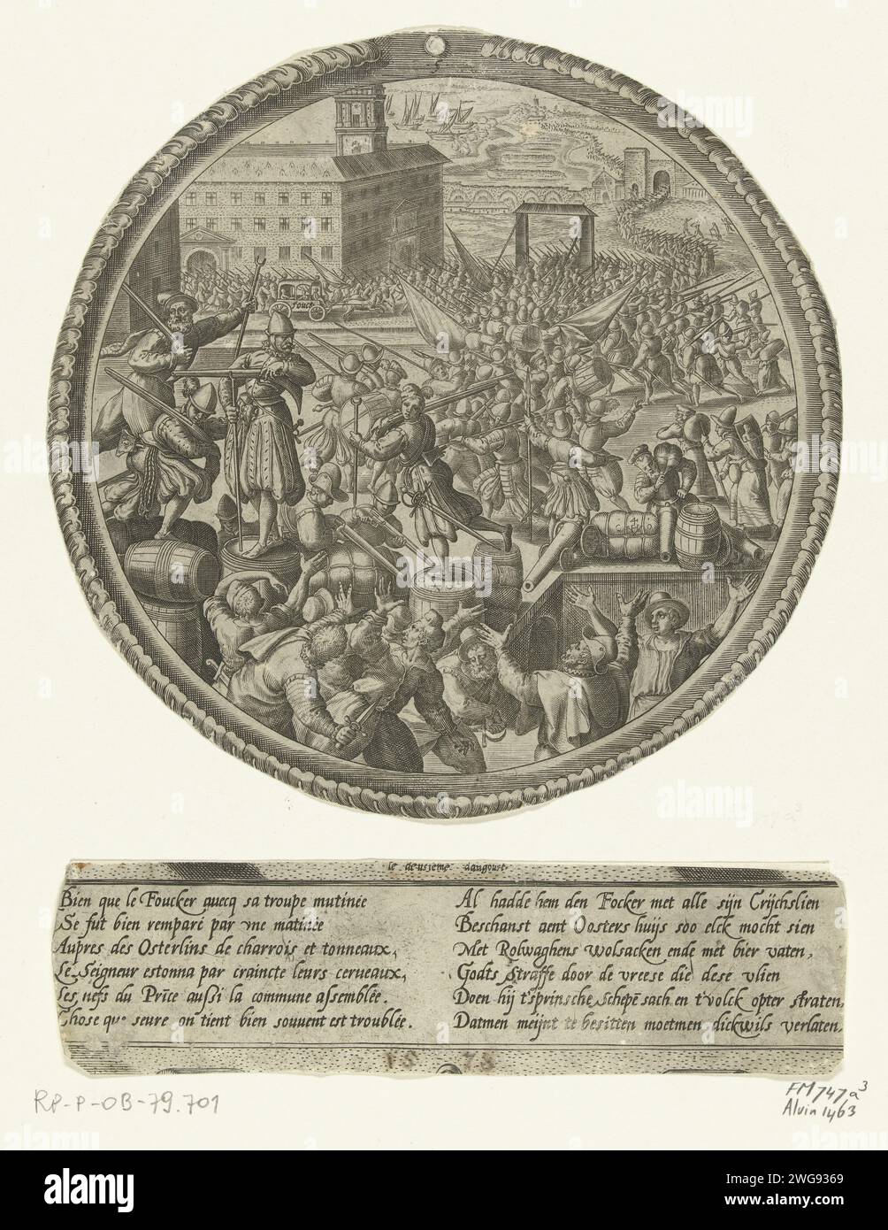 Panique parmi les soldats allemands par l'arrivée de quelques navires du prince d'Orange, 1577, 1578 imprimer panique parmi les soldats allemands par l'arrivée de certains navires du prince d'Orange, 2 août 1577. Soldats avec leur butin dans la rue en face de la maison orientale. Seuls deux fragments de l'estampe sont présents : le spectacle dans un médaillon rond et le cartouche avec 2 versets de 6 lignes chacun en français et néerlandais. Pays-Bas gravure sur papier pilling  soldats Citadelle d'Anvers (16e siècle). Eastern House Banque D'Images