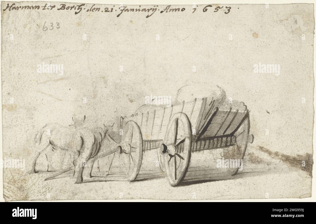 Voiture avec deux chevaux à côté, 1653 dessin papier Zwolle. encre. brosse à craie / brosse Banque D'Images