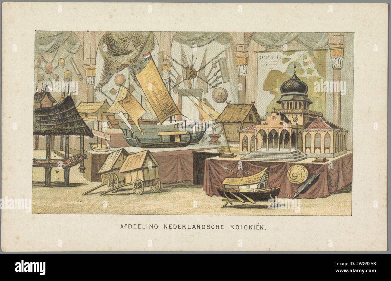 Dans le bâtiment des colonies néerlandaises à l'exposition universelle d'Amsterdam, 1883, 1883 impriment divers objets exposés dans le bâtiment pour le département des colonies néerlandaises à l'exposition universelle sur le Museumplein à Amsterdam. Partie d'un groupe de seize disques et une carte de l'exposition universelle d'Amsterdam du 1 mai au 1 octobre 1883. Édition des nouvelles du jour. Imprimeur : Netherlandsprinter : Netherlandspublisher : Amsterdam paper World Fair, World exhibition Amsterdam. Place du musée Banque D'Images