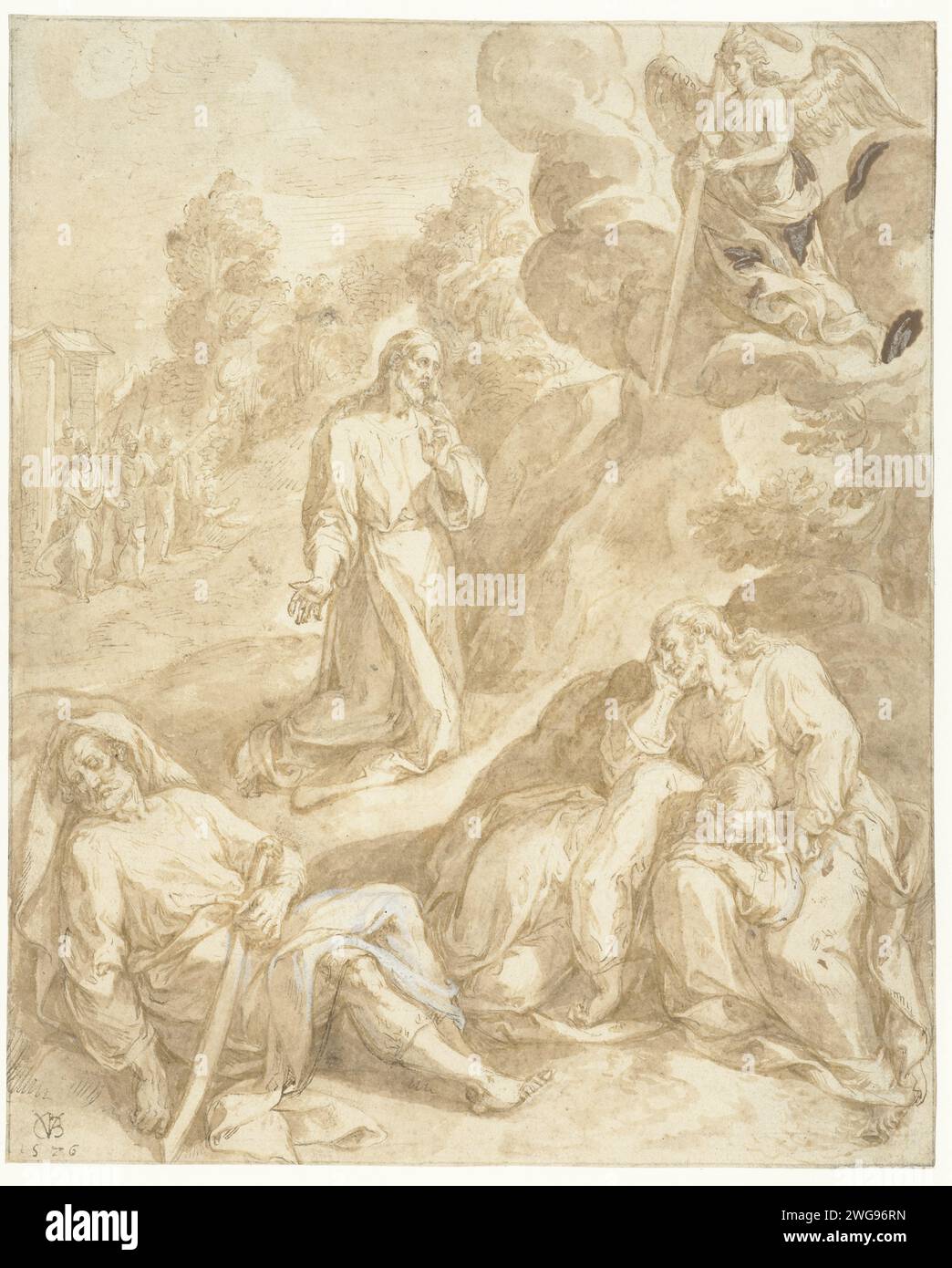 Christ à Gethsémani, Chrispijn van den Broeck, 1576 papier à dessin. peinture (revêtement). Stylo à encre / pinceau Gethsémani, Mont des oliviers, 'Oelberg' (Matthieu 26:36-56, Marc 14:32-52, Luc 22:39-53; Jean 18:1-12) Banque D'Images