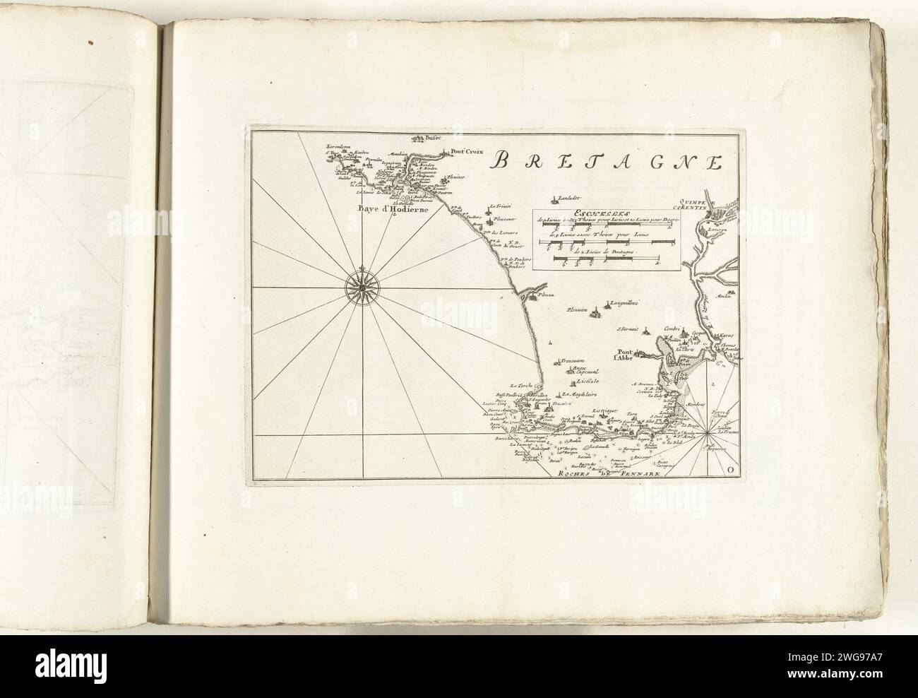 Carte de la côte sud de la Bretagne, ca. 1702, 1702 - 1703 imprimer carte de la côte sud de la Bretagne. Marqué en bas à droite : O. partie de la première des deux parties de l'œuvre imprimée : les Costes de France et d'Espagne (ou partie 13 de : les Forces de l'Europe, Asie, Afrique et Amerique), publié ca. 1702. L ' œuvre de Prent se compose d ' un total de 43 plaques marquées provenant des côtes françaises et espagnoles, dans le contexte de la guerre de succession d ' Espagne. Ces planches ont été copiées sur des planches anonymes françaises publiées à l'origine par Nicolas de fer à Paris. Titre et inscriptions dans l'album en français. print maker : Banque D'Images