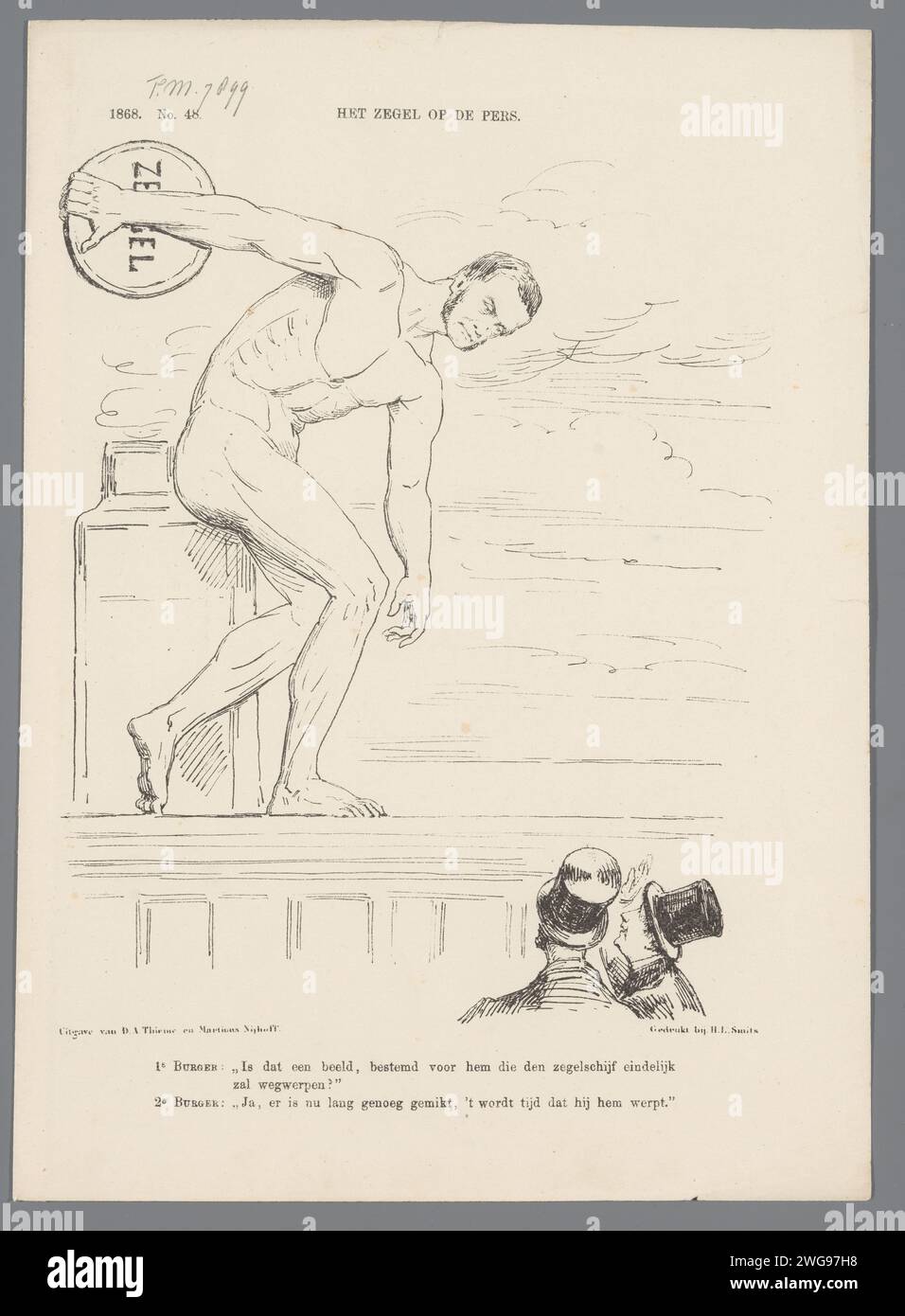Caricature chez le ministre Van bosse et le Dagbladzegel, 1868, 1867 tirage caricature sur le ministre des Finances de bosse et l'abolition du timbre quotidien. Le ministre avança comme statue "le lanceur de disque". Plaat est apparu au Weekblad de Nederlandsche Spectator, non 48, 28 novembre 1868. Imprimeur : Netherlandsprinter : Netherlandspublisher : Arnhempublisher : The Hague paper discus-jetting. pièce de sculpture, reproduction d'une pièce de sculpture Banque D'Images