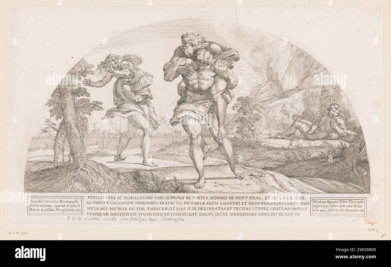 Amphinomus en Franaapias, Nicolas Mignard, d'après Annibal Carracci, imprimeur 1637 : Avignonafter dessin par : Romeafter peinture par : Romeafter design par : Romepublisher : ParisFrance gravure sur papier portant une personne. (Histoire de) Amphinomus et Anapias Banque D'Images